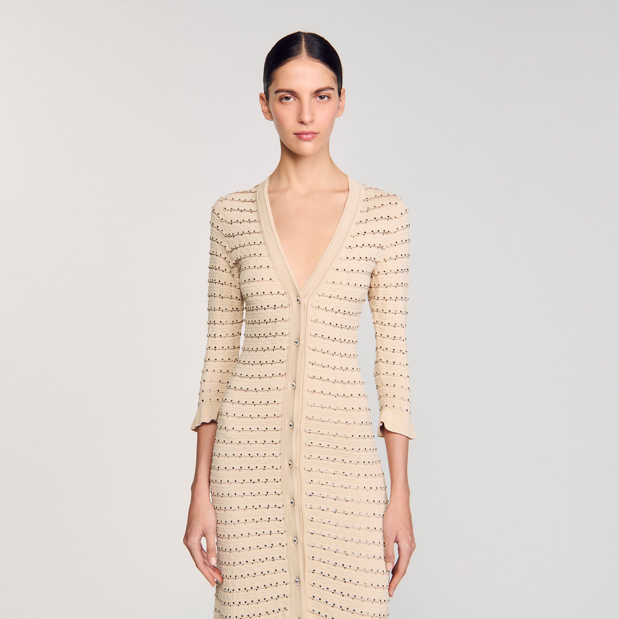 素敵でユニークな white dress maxi knit Rhinestone / Sandro | Women For beige ひざ丈ワンピース