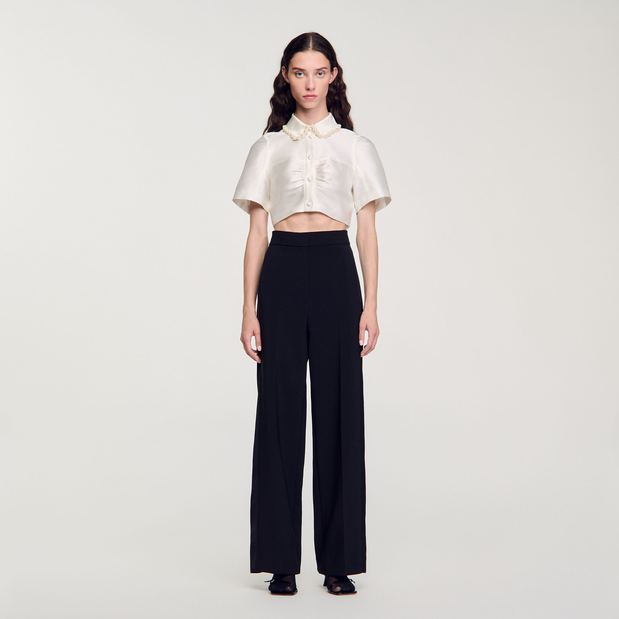 Beaded satin-effect cropped shirt