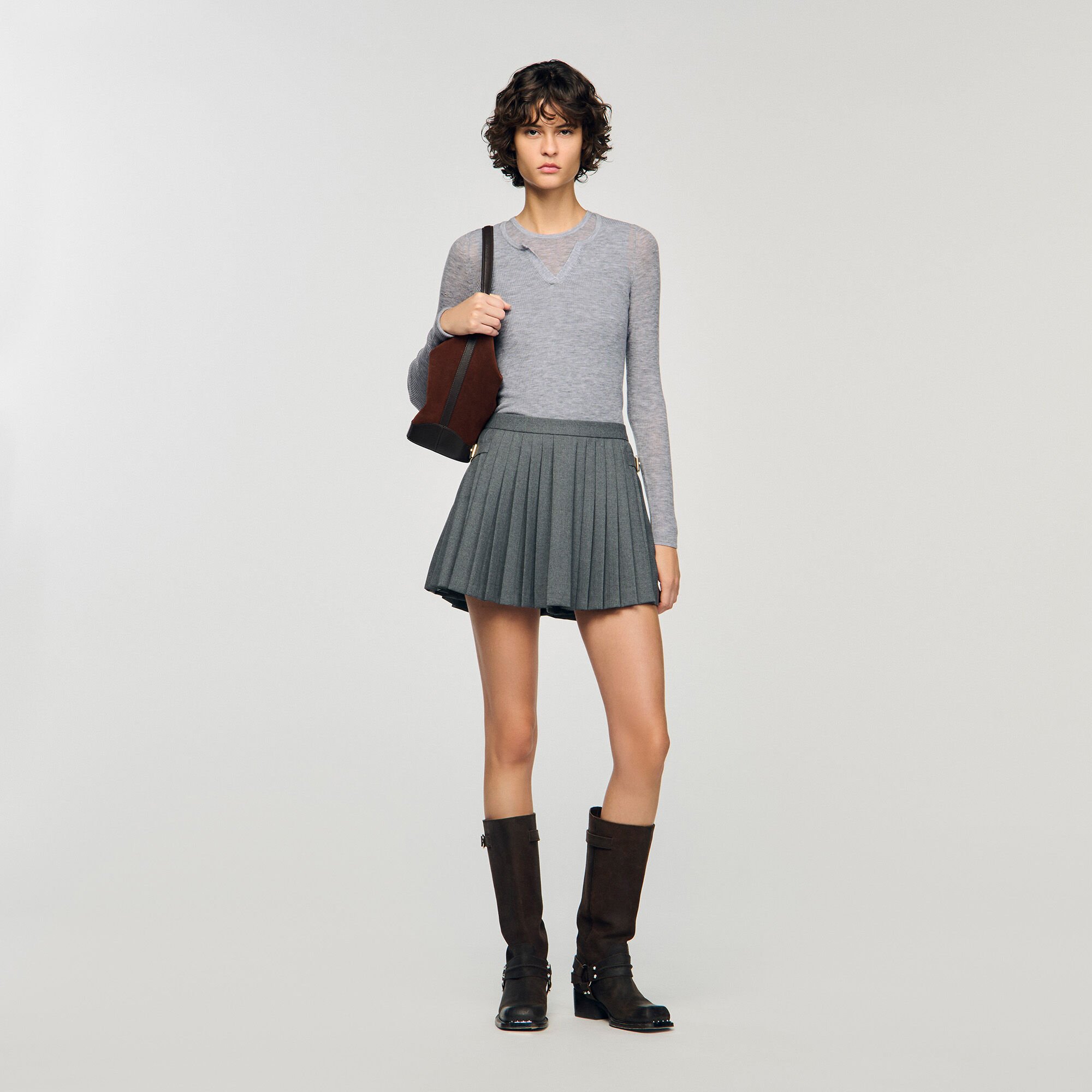 Sandro Parisサンドロ・パリ　ウールジャケットコート　ベージュ　36 Check coat with velvet collar brown For Women | Sandro Paris