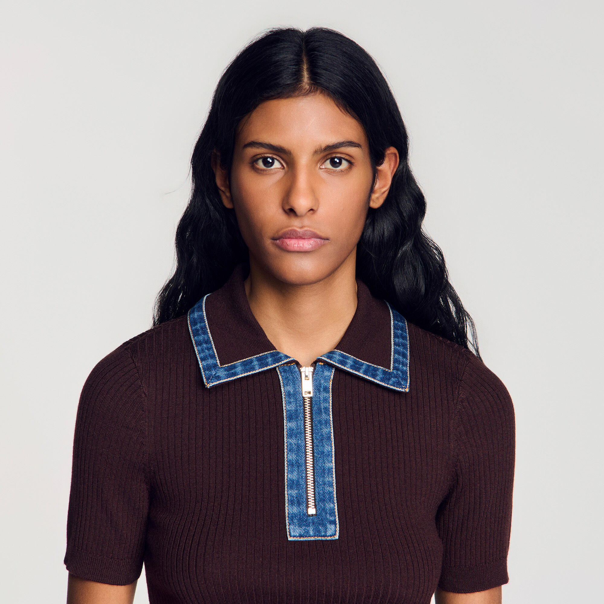 Knit polo jumper with denim collar