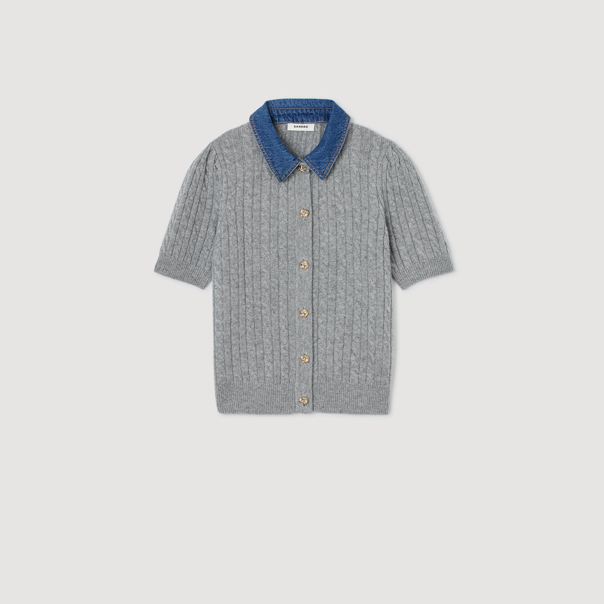Cardigan with denim collar