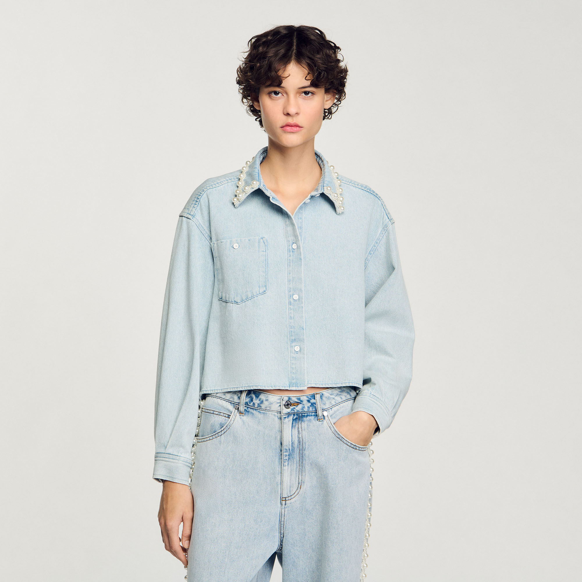 Denim shirt with beaded collar