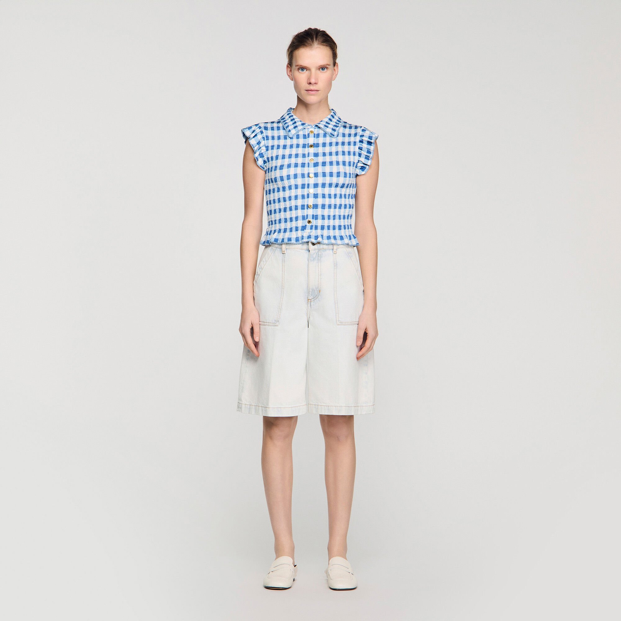 Check smocked T-shirt