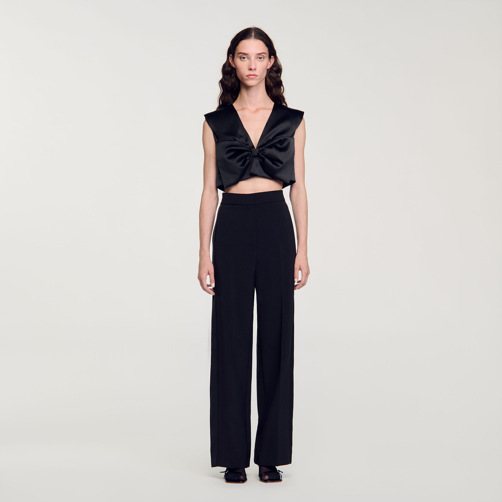 Wide leg satin side stripe trousers black gray For Women Sandro Paris