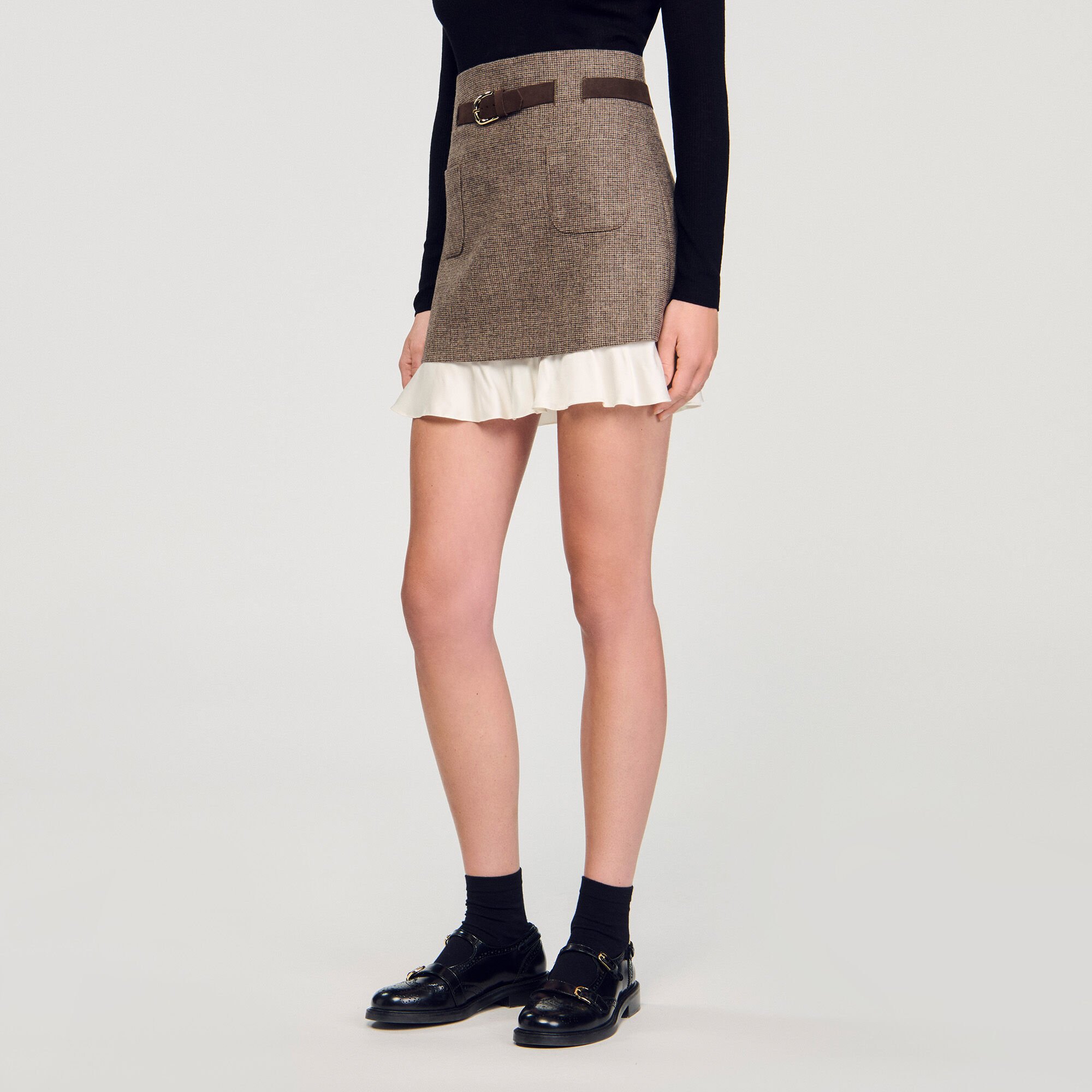 Short skirt with frill and belt brown For Women | Sandro Paris Short skirt with frill and belt brown For Women | Sandro Paris
