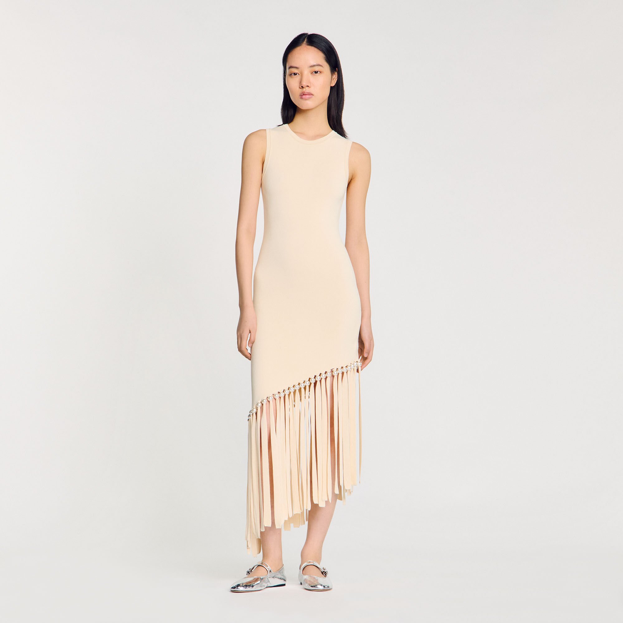 Fringed and beaded knit midi dress