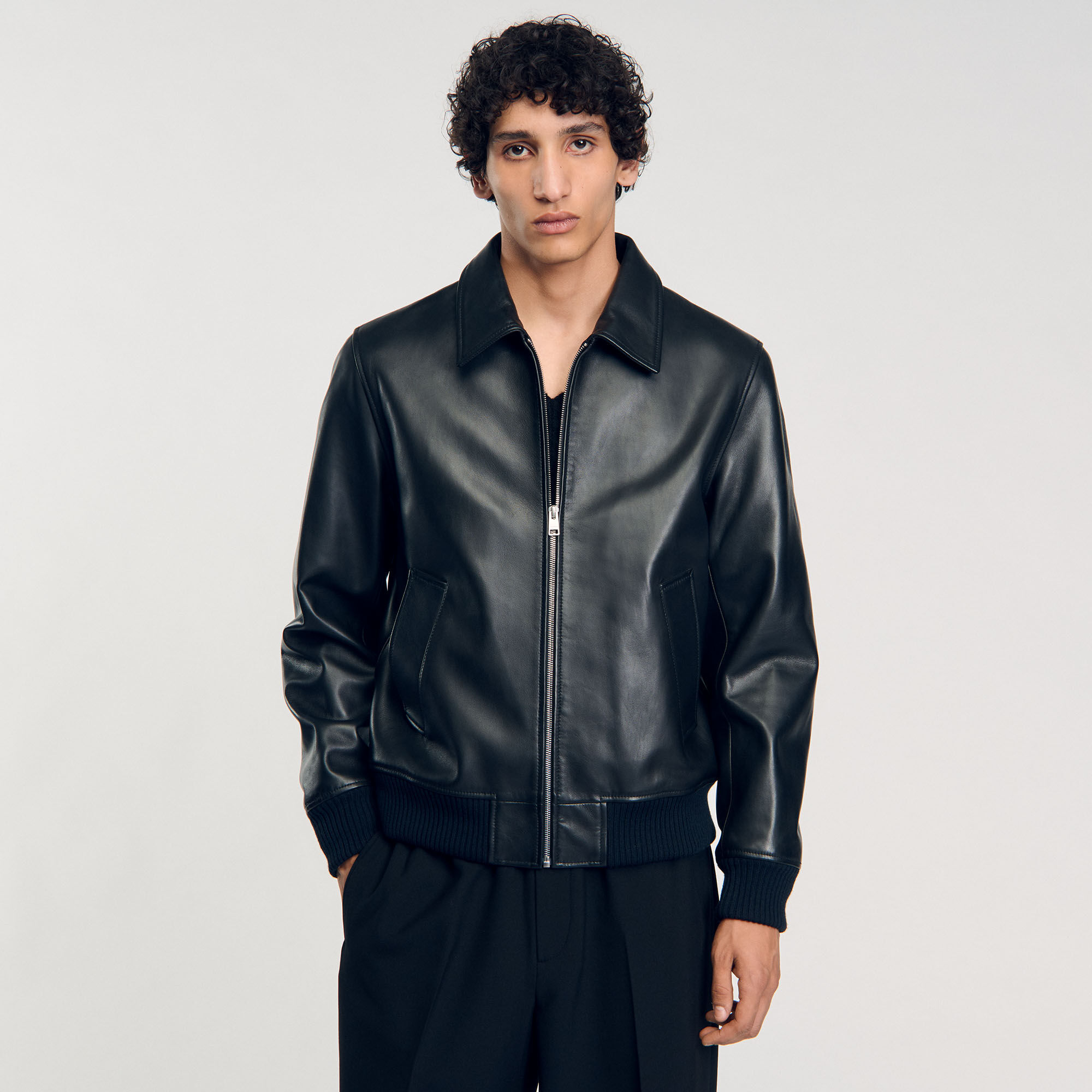 Plain leather jacket black / gray for Men | Sandro Paris