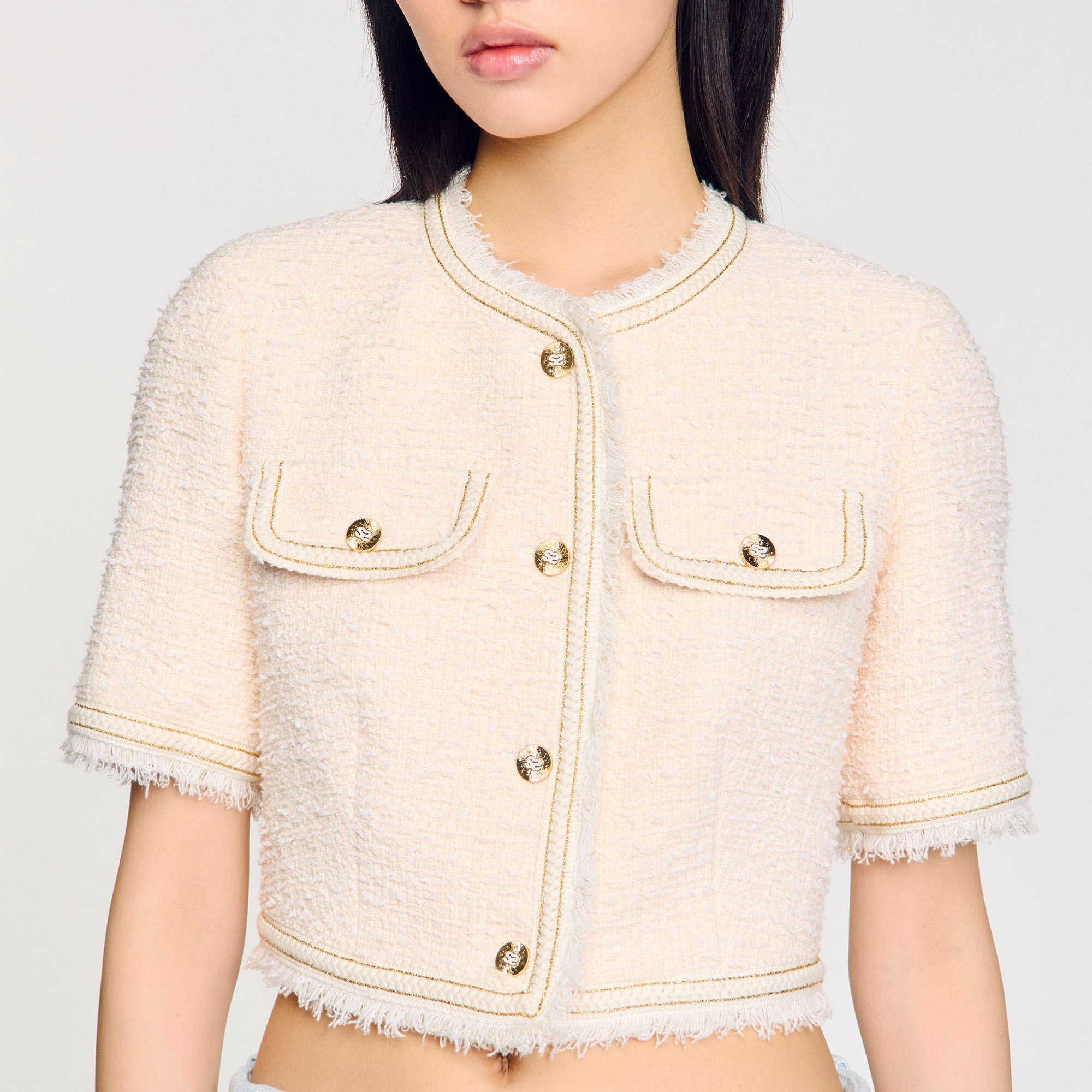 Short-sleeved tweed jacket pink For Women | Sandro Paris