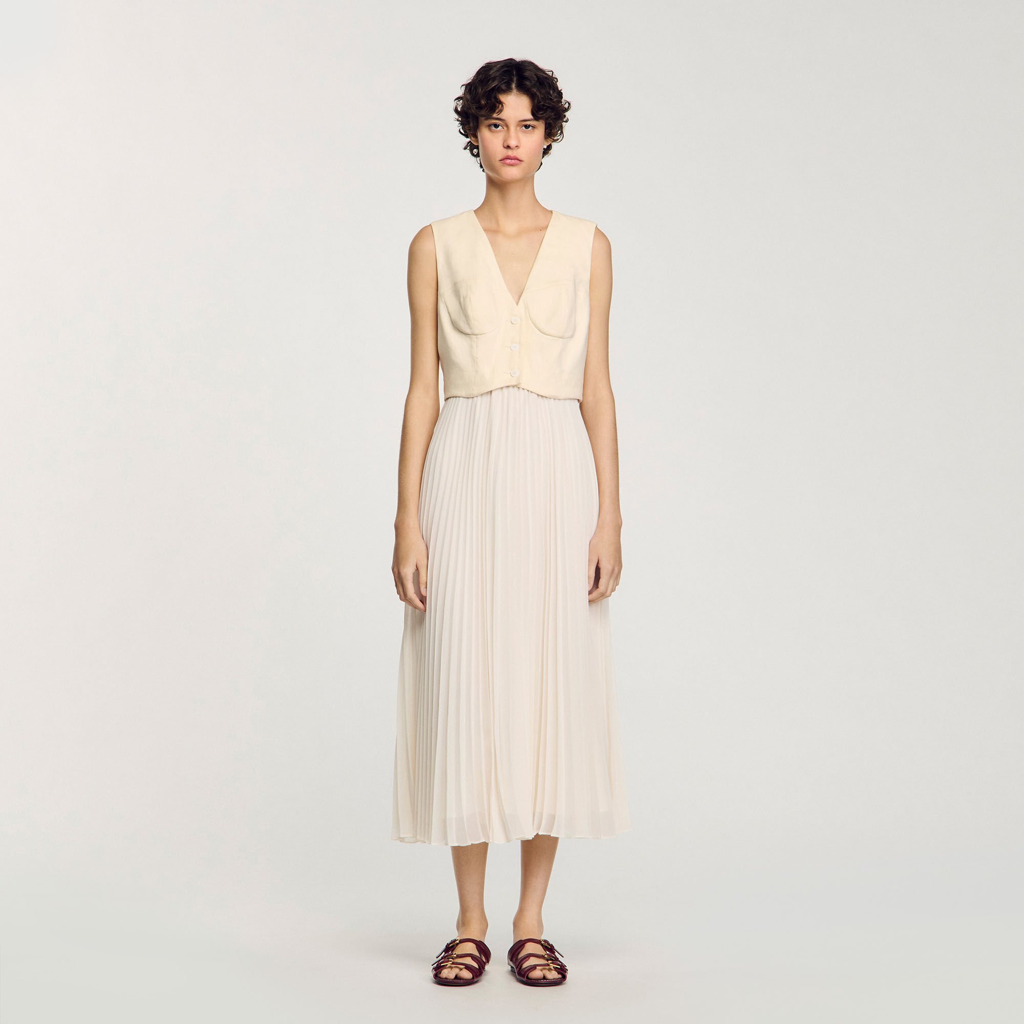 【海外限定】Sandroワンピース☆V-Neck Button-Down Linen Maxi Linen maxi dress yellow / orange For Women | Sandro Paris