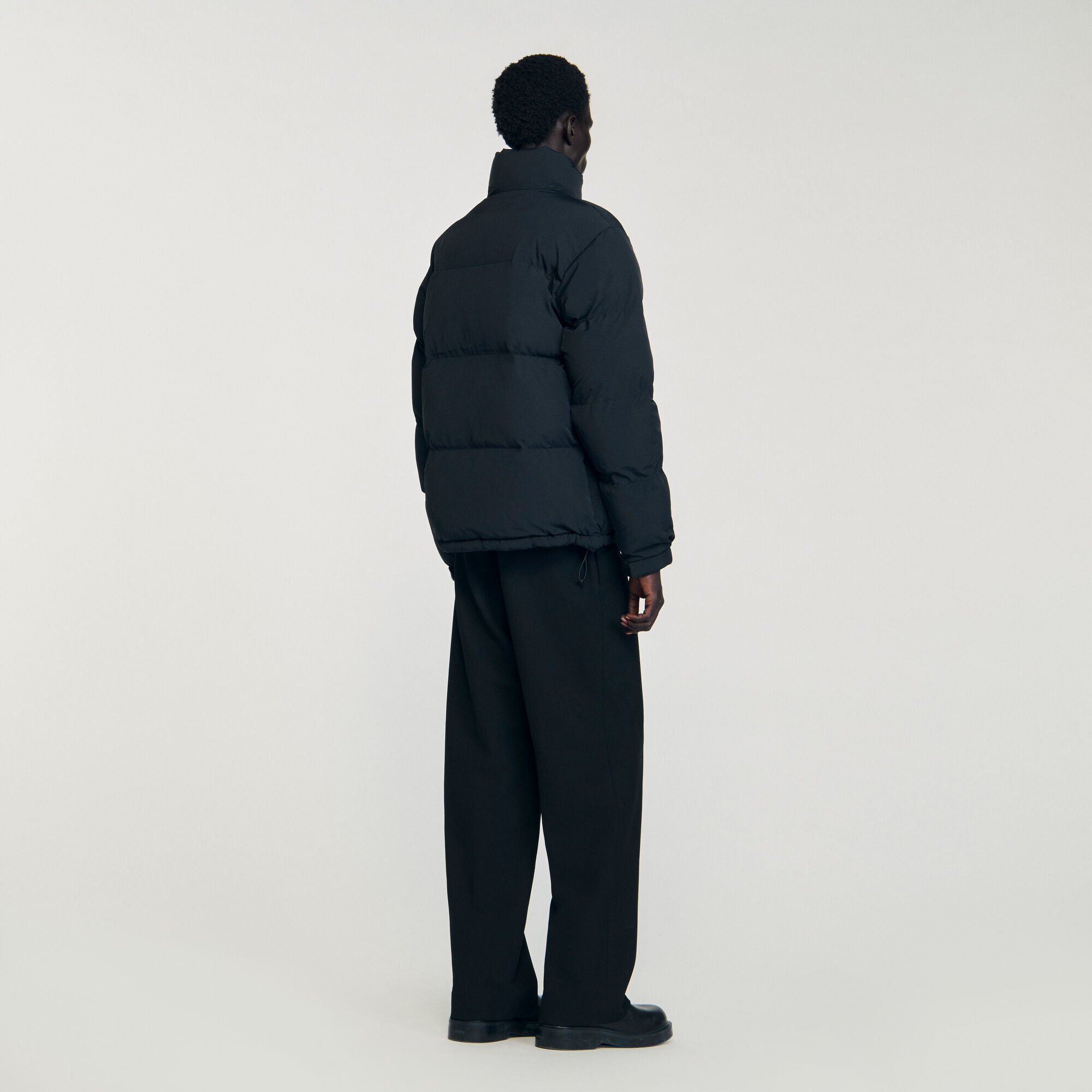 Hooded puffer with high collar