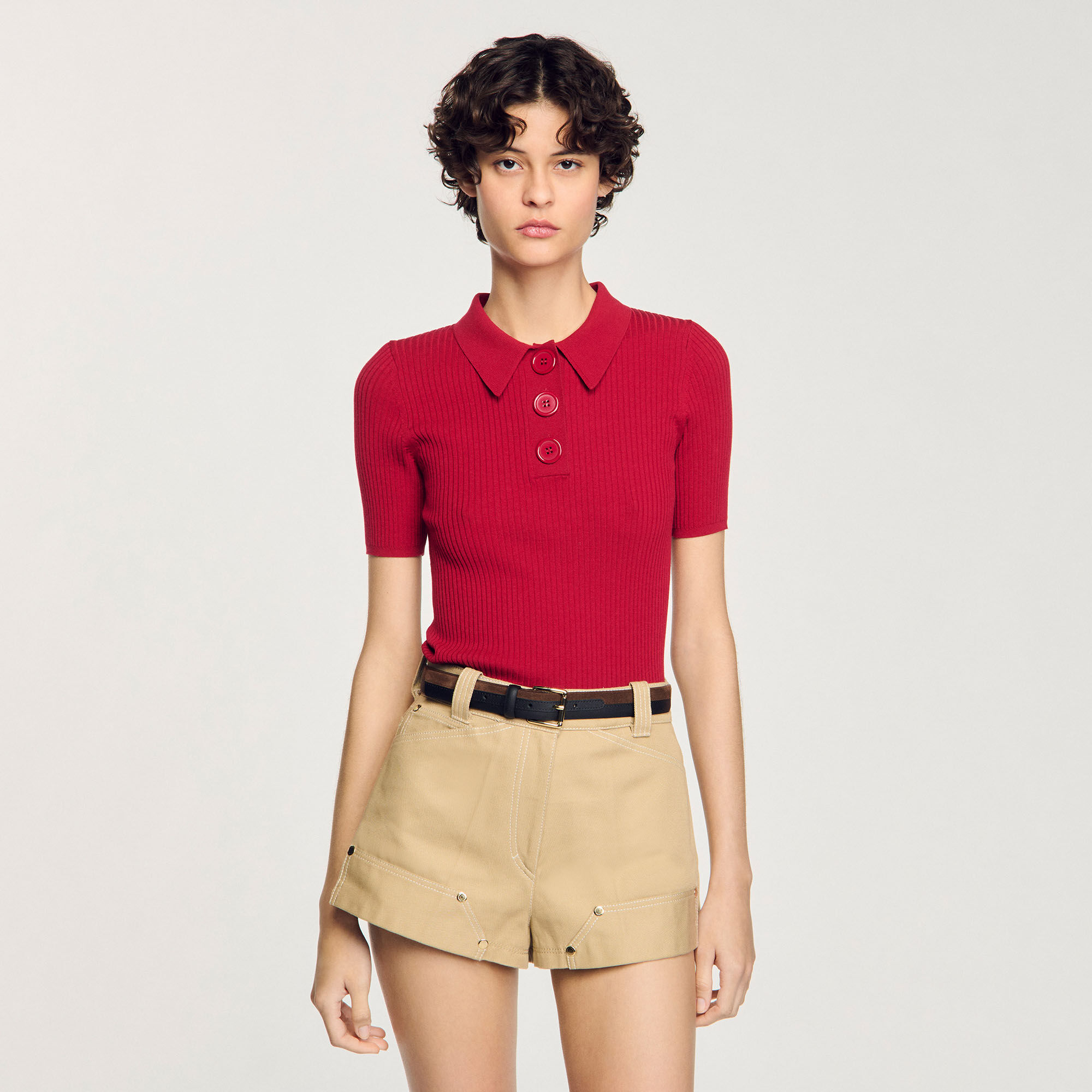 Rib knit polo shirt red For Women | Sandro Paris