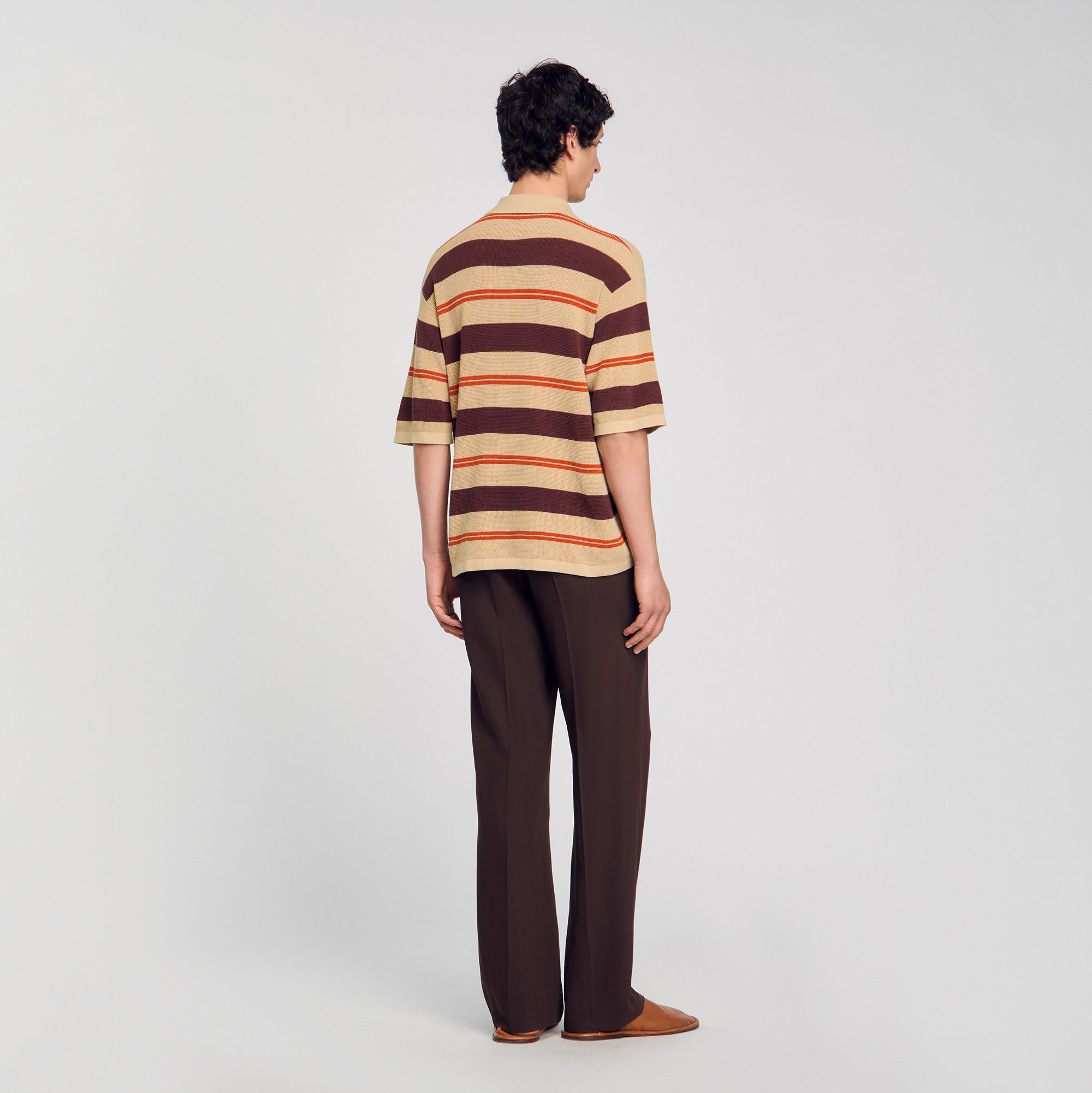 Stripy knit polo shirt white / beige for Men | Sandro Paris