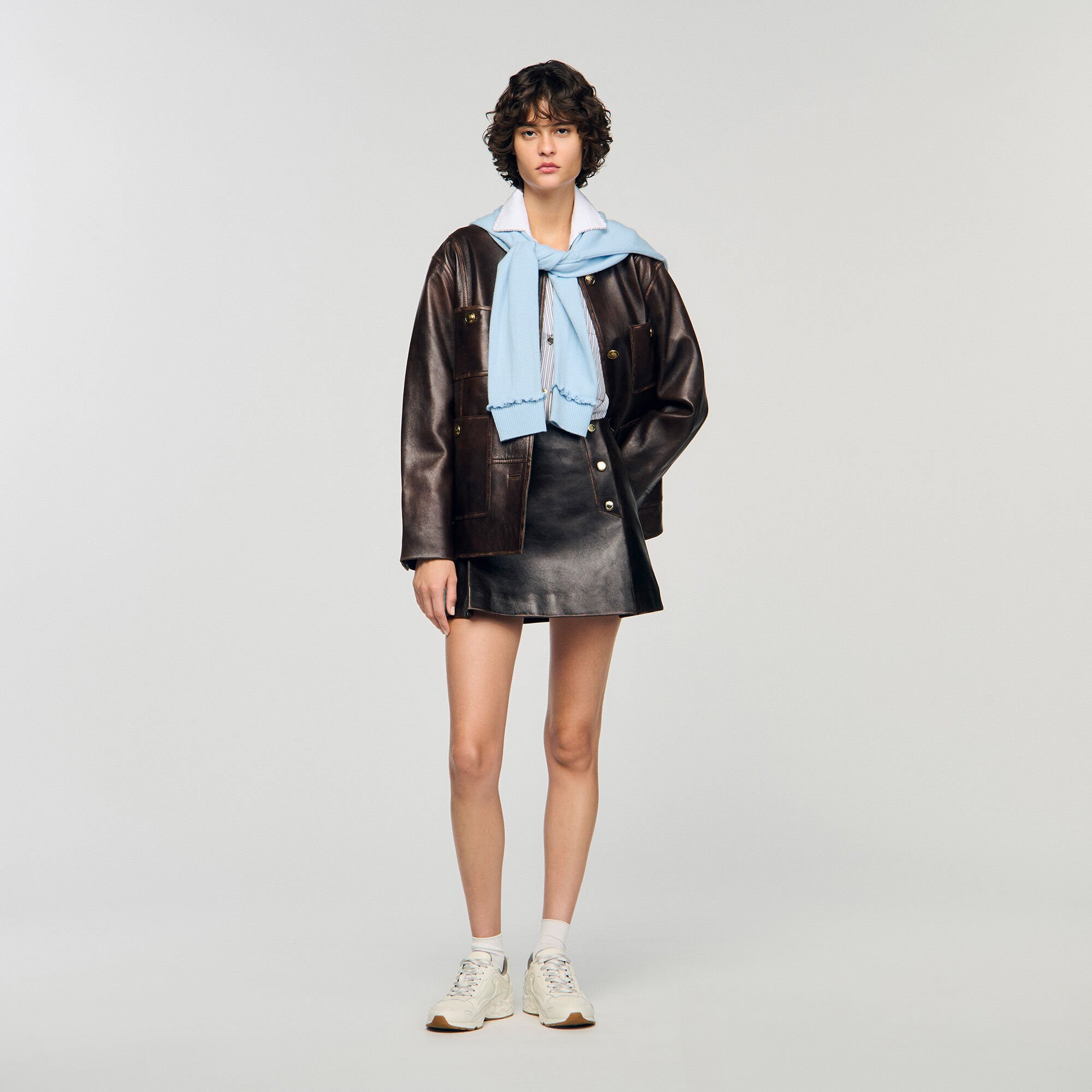Short aged leather skirt
