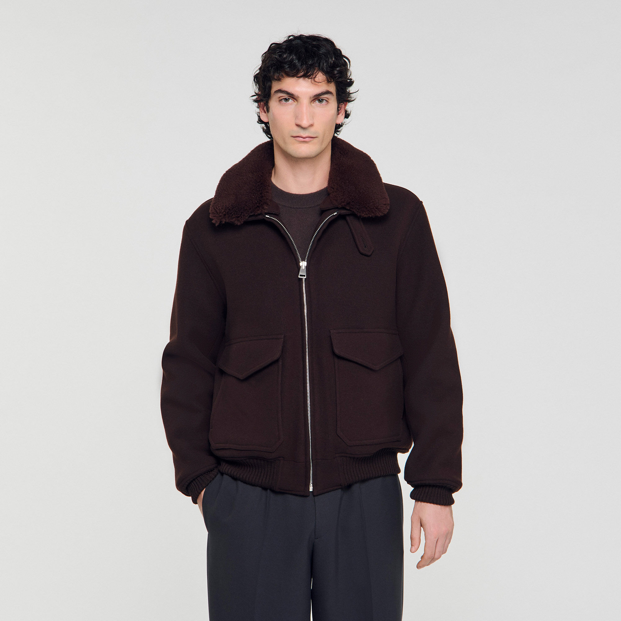Wool aviator jacket with shearling brown for Men | Sandro Paris