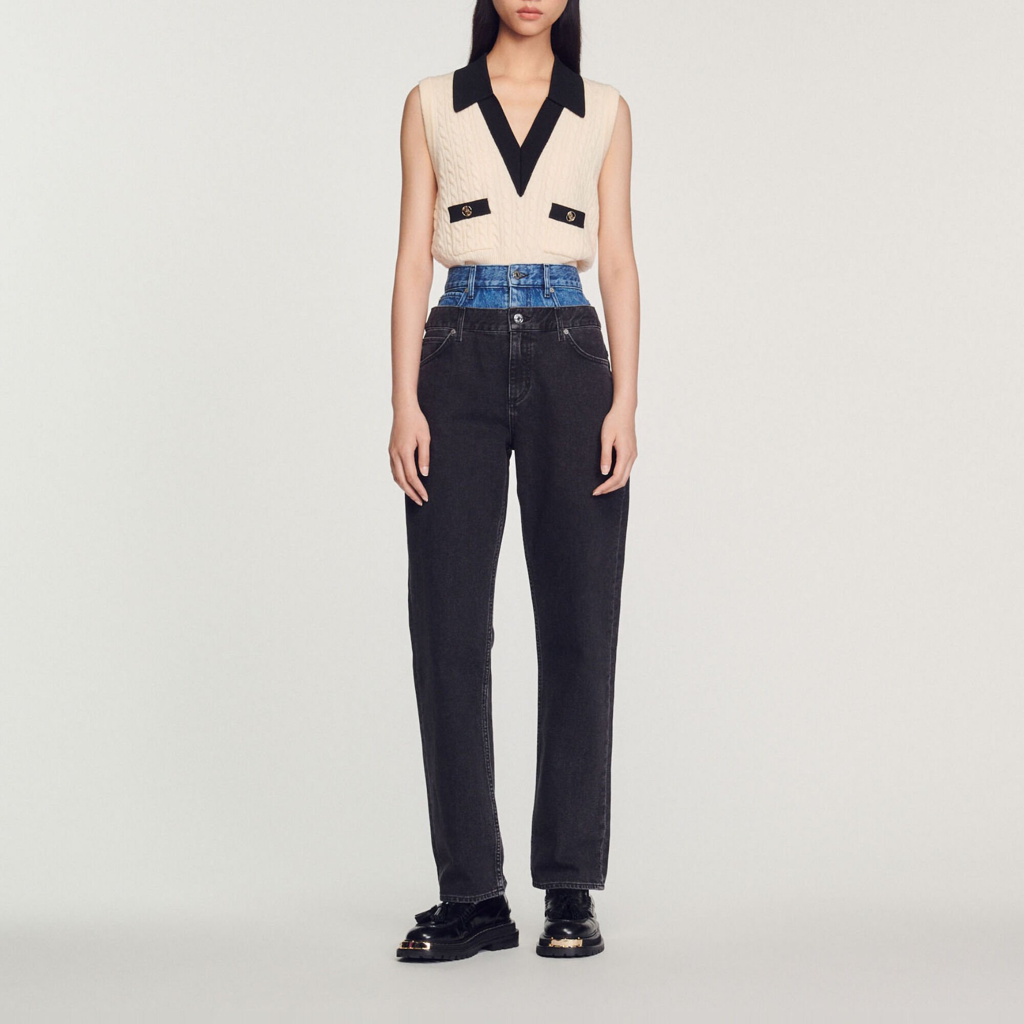 Two-tone double-waisted jeans