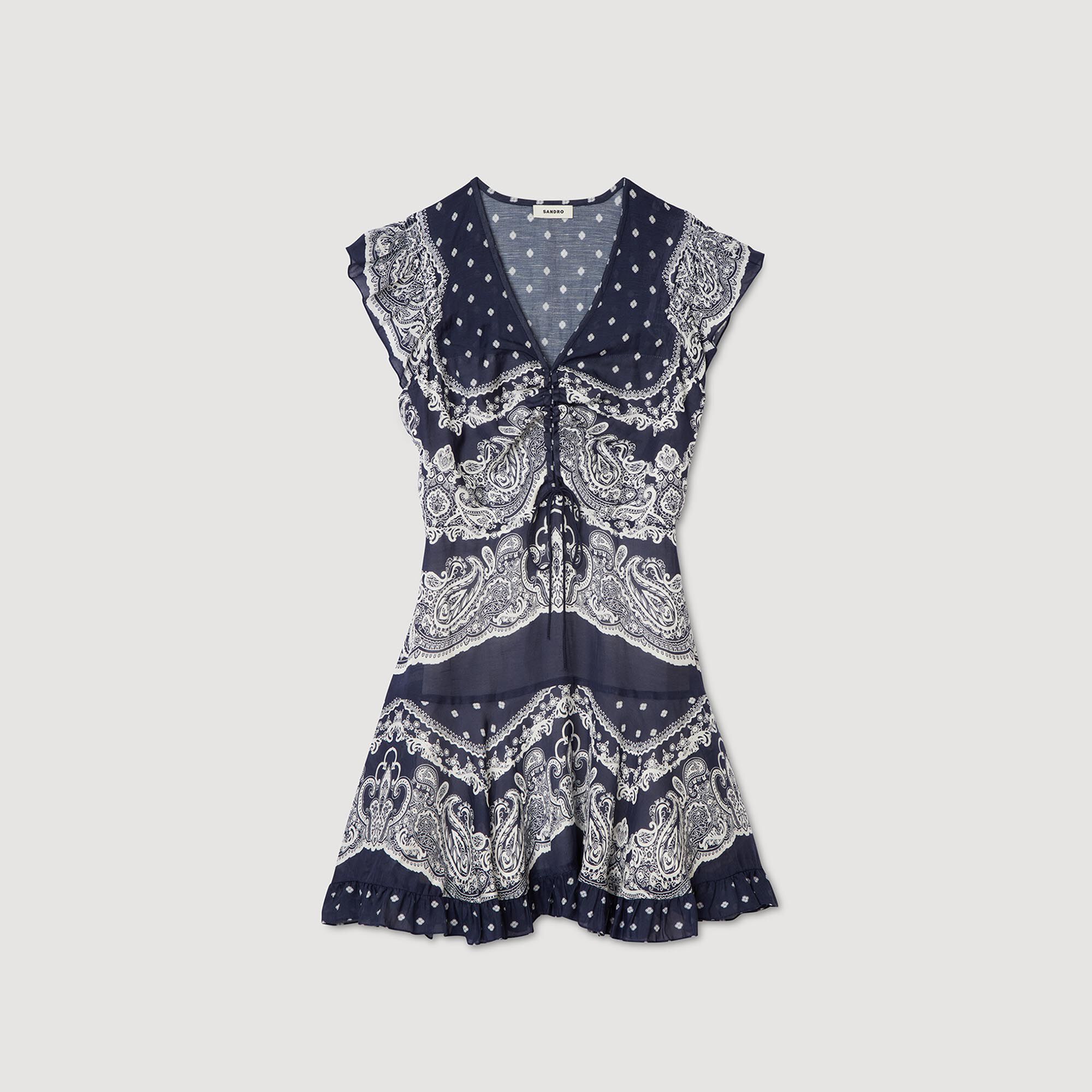 フランス発 Sandro Vネック バンダナモチーフ ショートドレス Short bandana-motif dress blue For Women | Sandro Paris