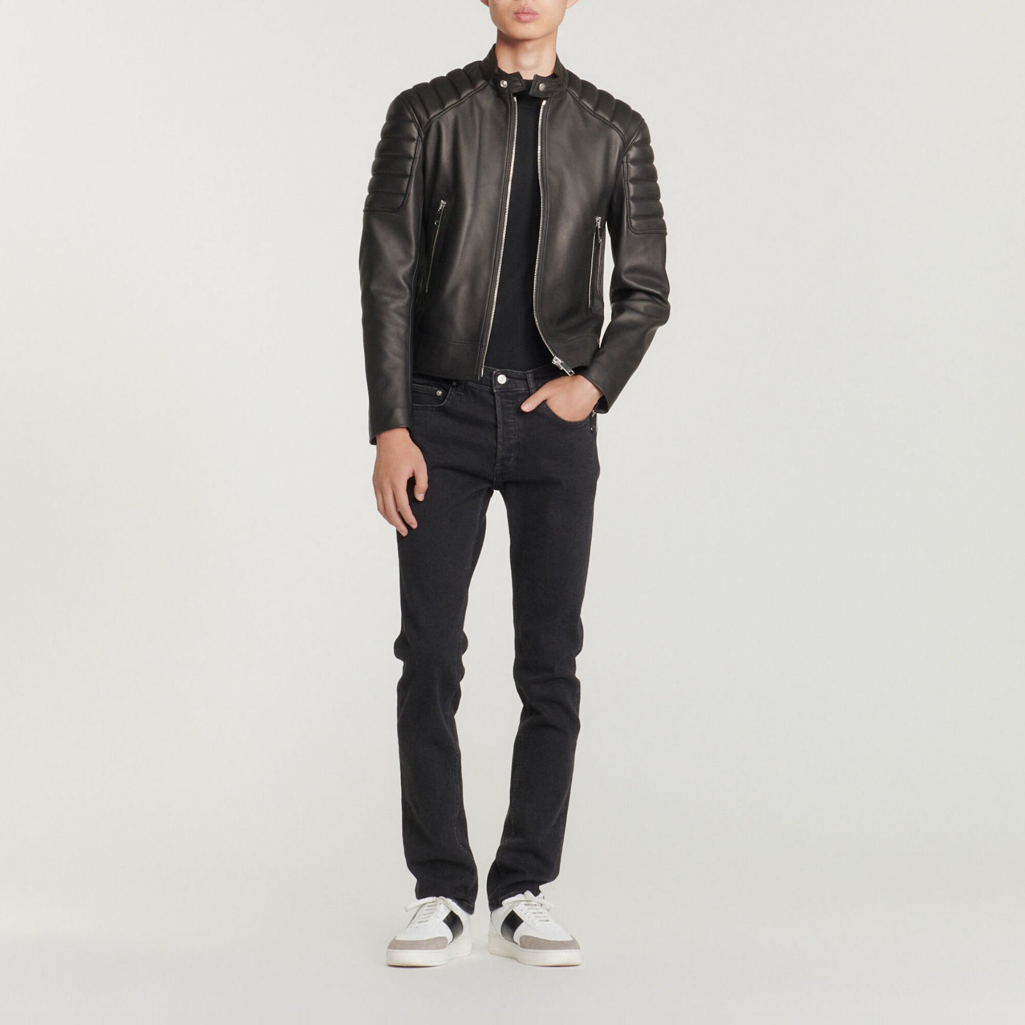 Leather jacket with quilted trims