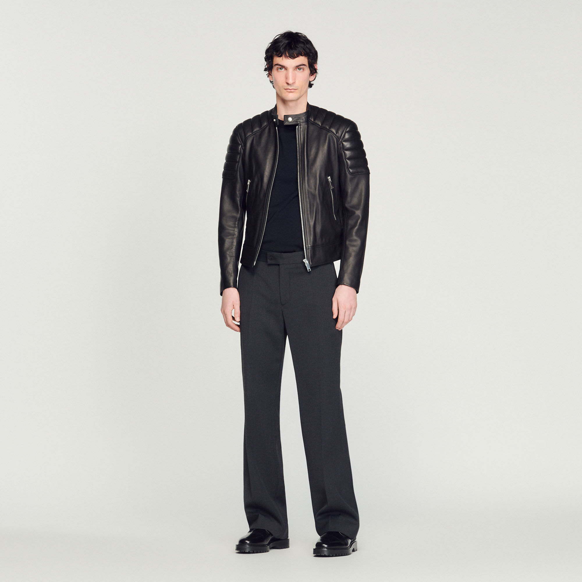 Leather jacket with quilted trims Black / Gray | Sandro Paris