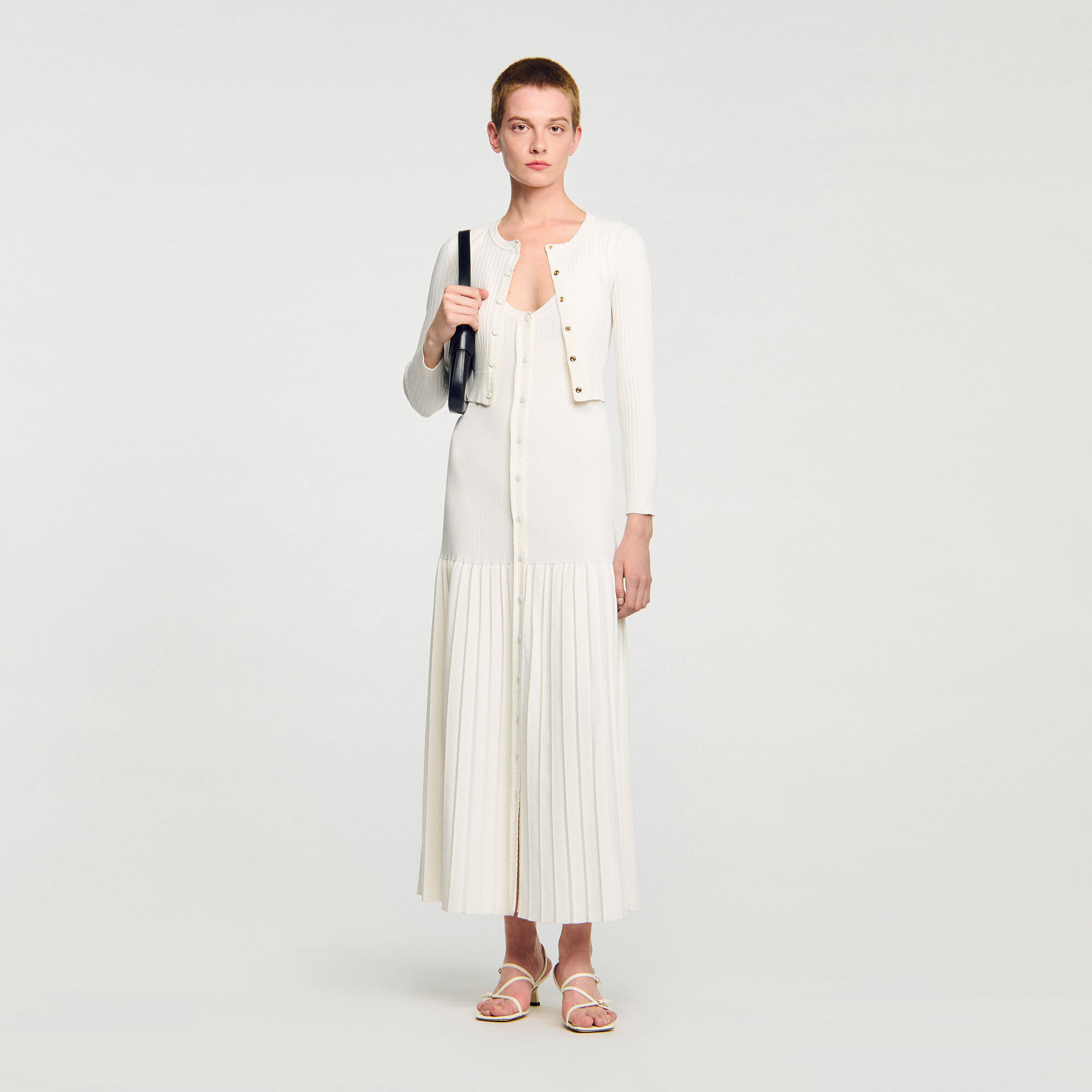 新品 ROUJE PARIS PEDRO SWEATER 5部袖 ニット 36 Cropped rib knit cardigan white / beige For Women | Sandro Paris