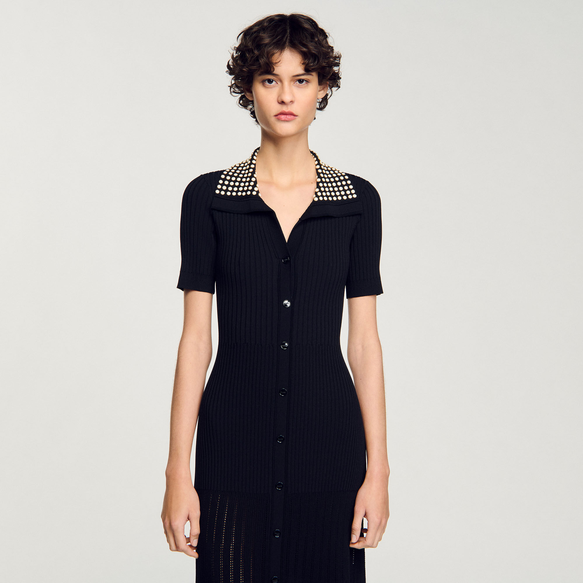 Knit maxi dress with studs black / gray For Women | Sandro Paris