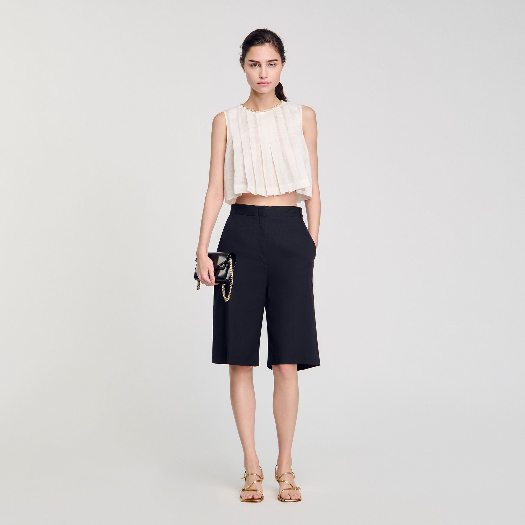 Pleated rhinestone neck crop top