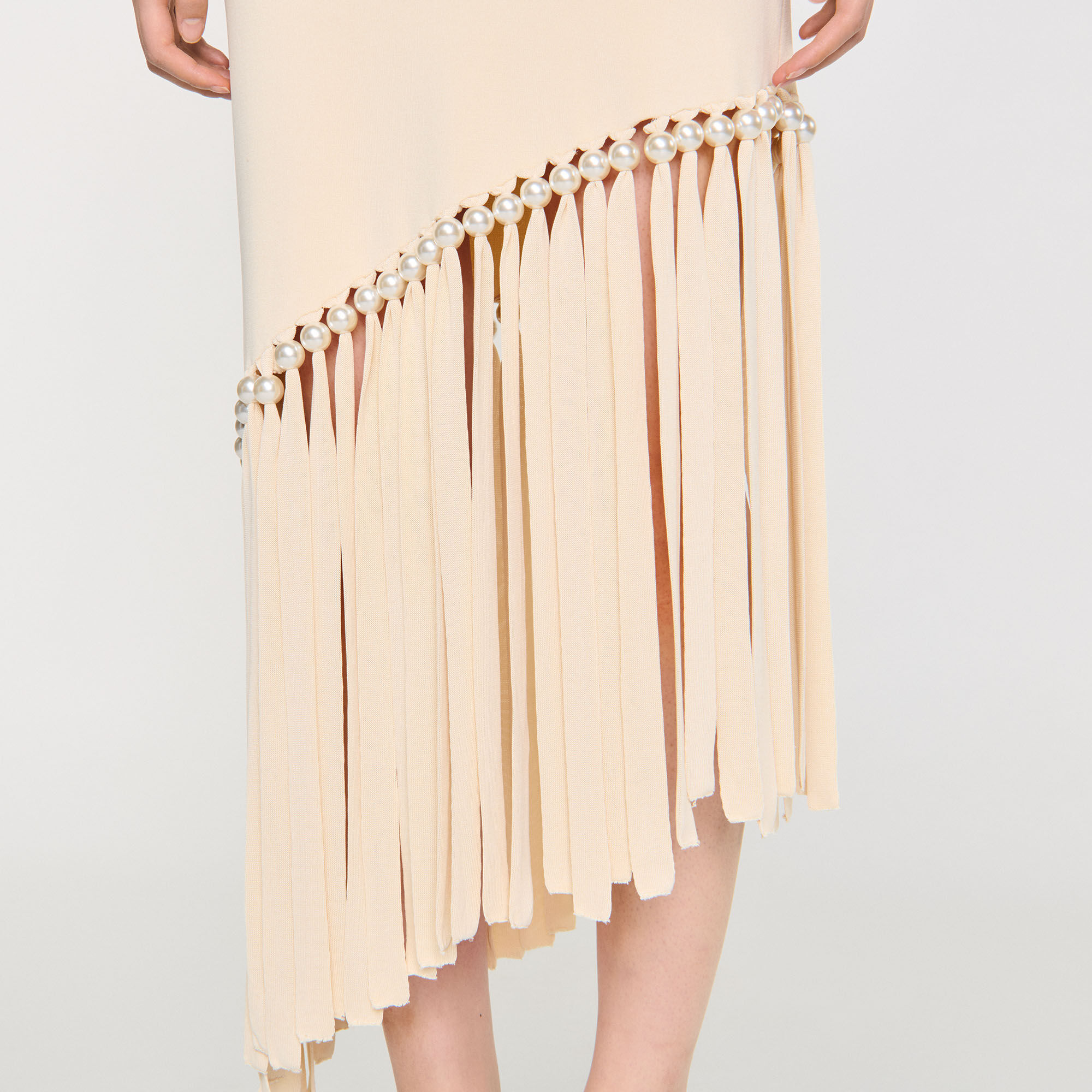 Fringed and beaded knit midi dress white / beige For Women
