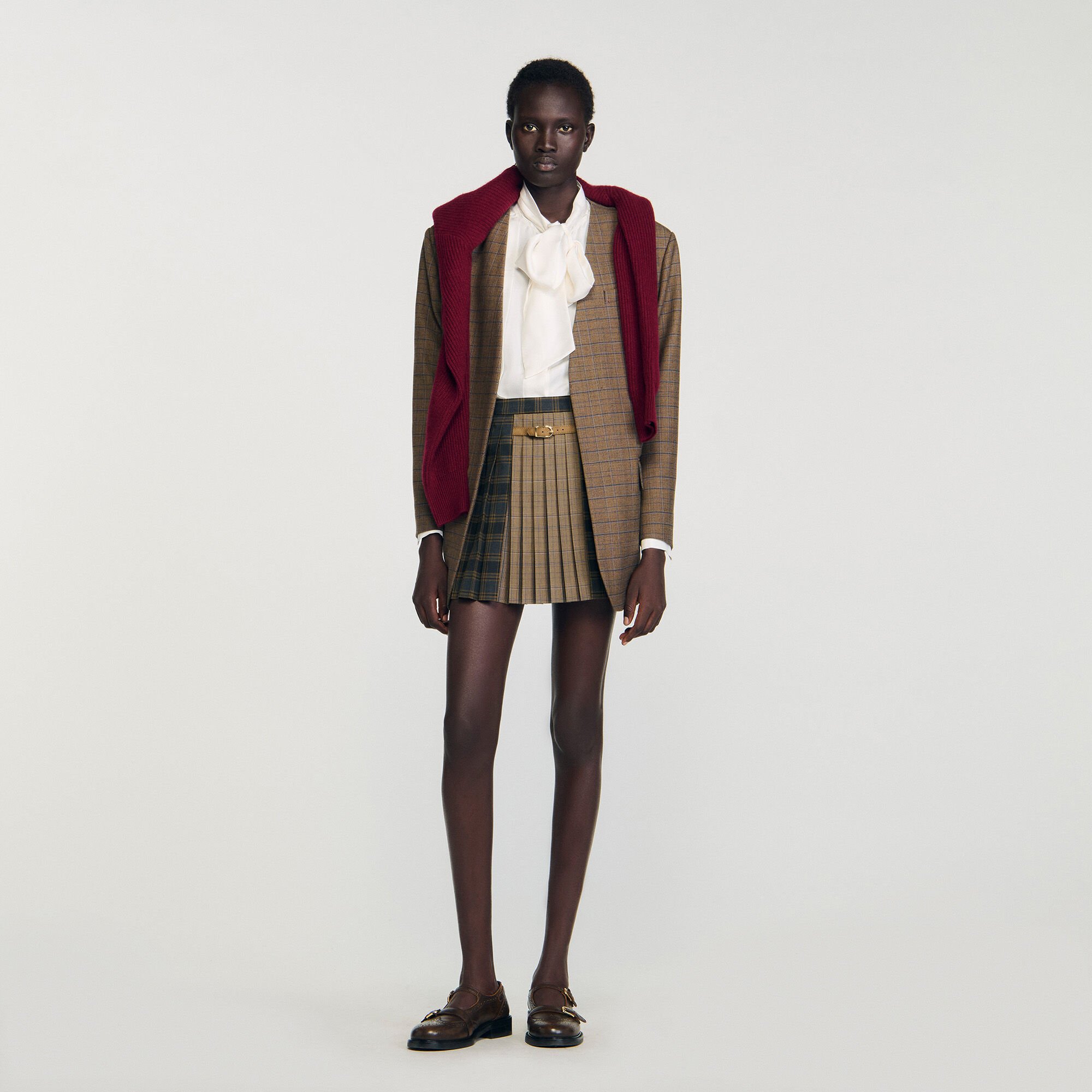 Short checked pleated skirt yellow / orange For Women | Sandro Paris