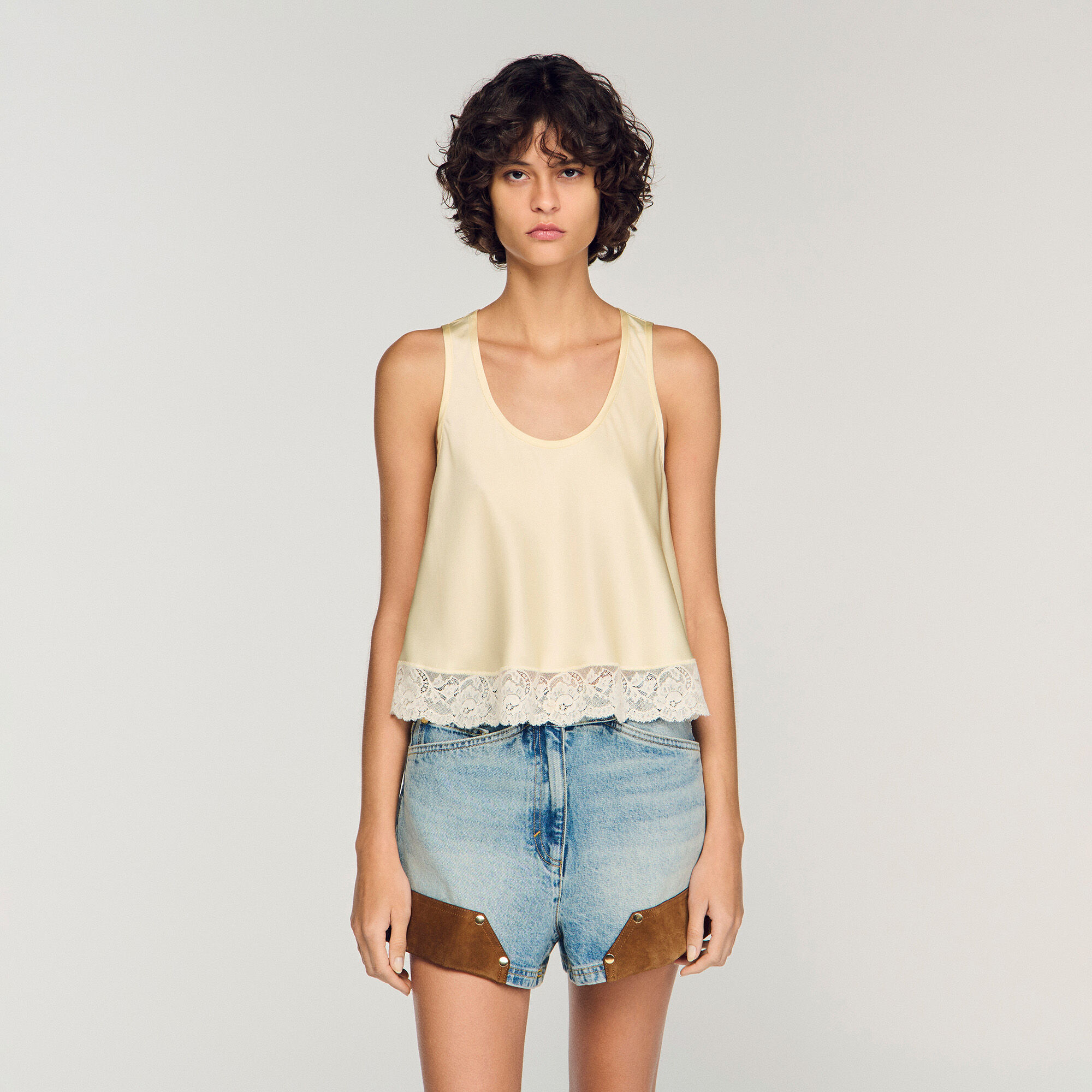 Satin top with lace trim