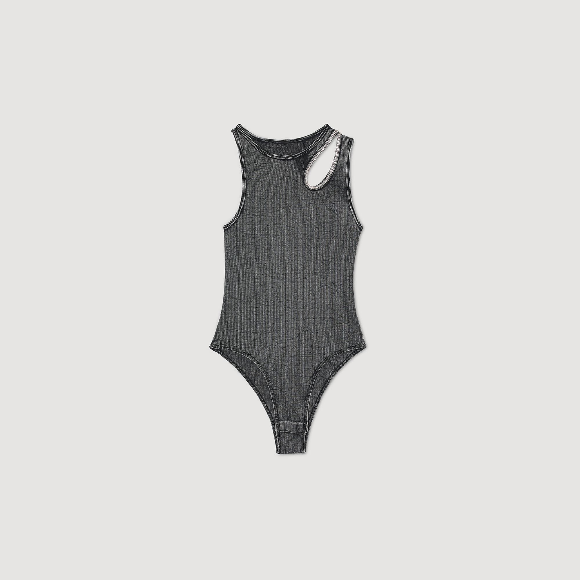 Rhinestone one-shoulder bodysuit black / gray For Women Rhinestone one-shoulder bodysuit black / gray For Women