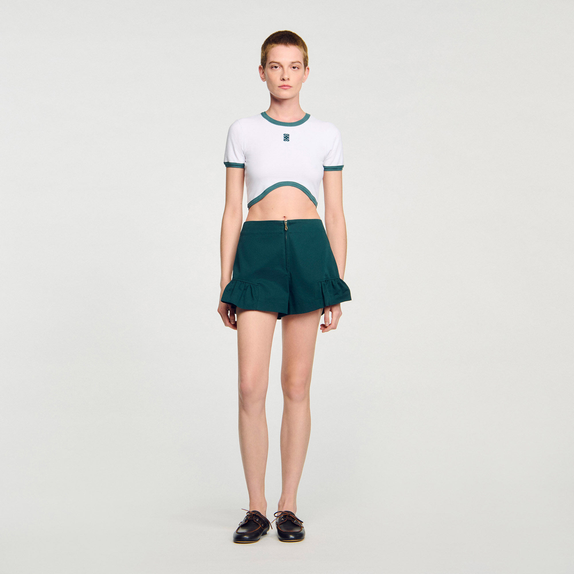 Two-tone cropped T-shirt white / beige For Women | Sandro Paris