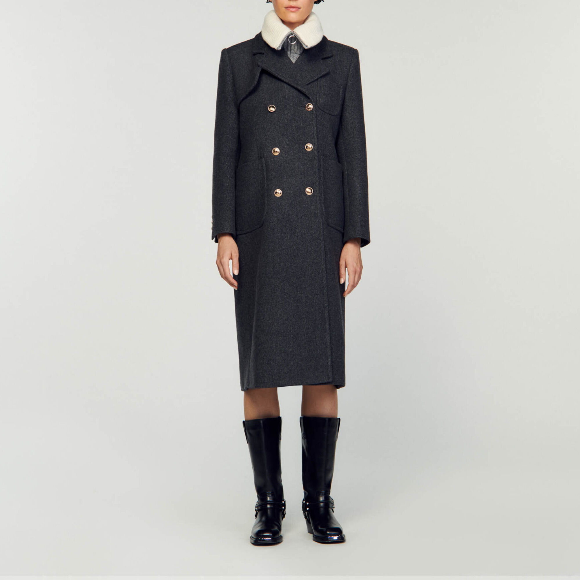 Long officer coat Black Gray Women Sandro Paris