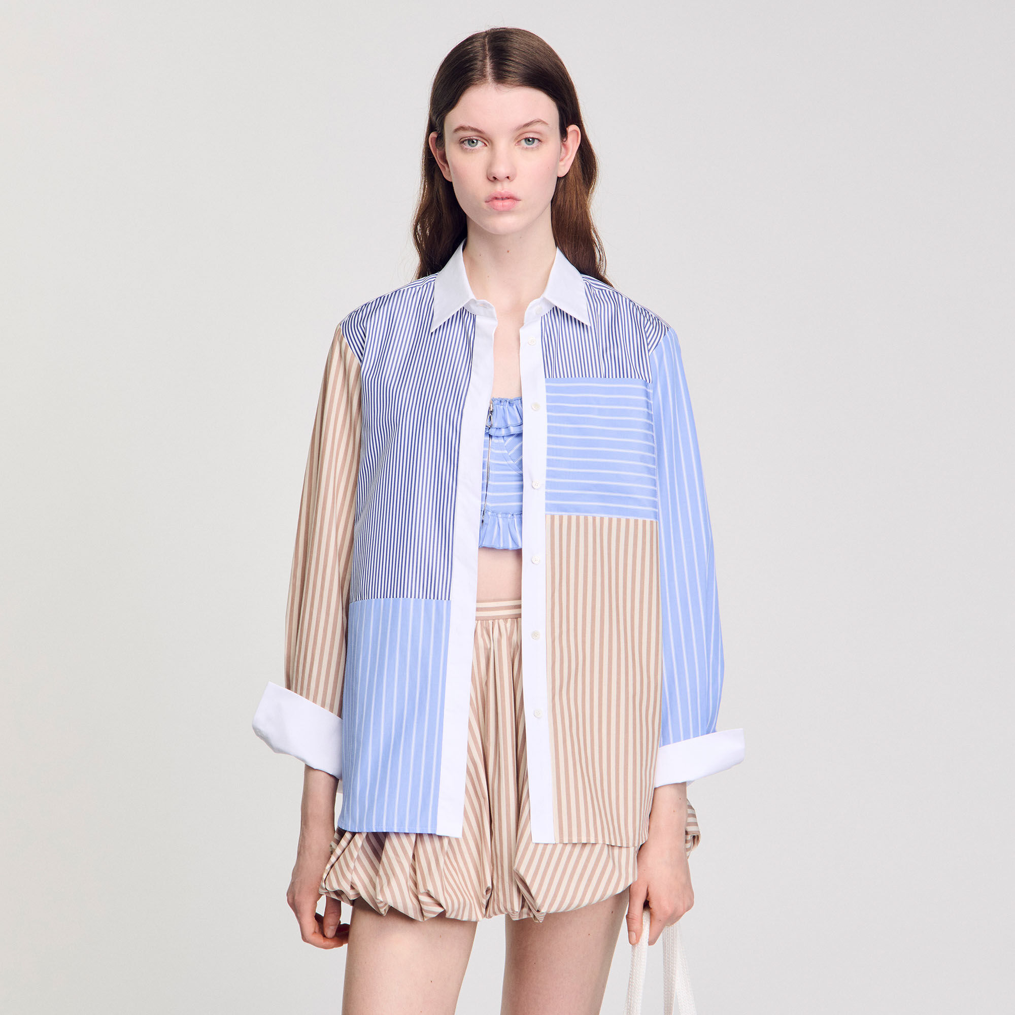 SANDRO 売れ筋商品|||サンドロ シャツ トップス レディース Shirts Azure Striped cropped shirt with rhinestone blue For Women