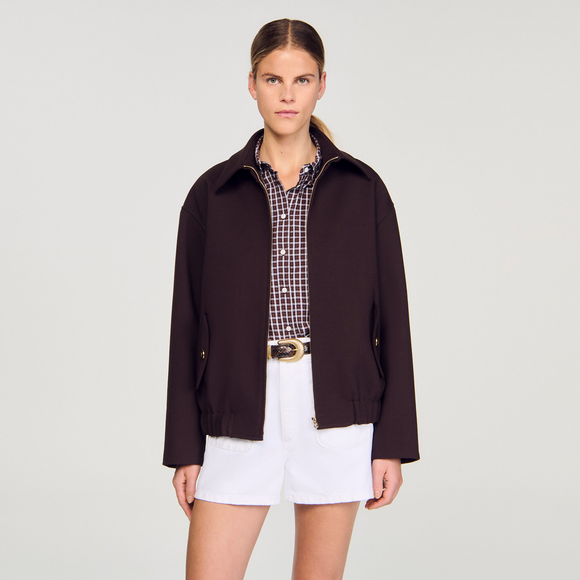 ★パリ発 sandro★ ボタン ウール ショート ジャケット キャメル Jacket with beaded details white / beige For Women | Sandro