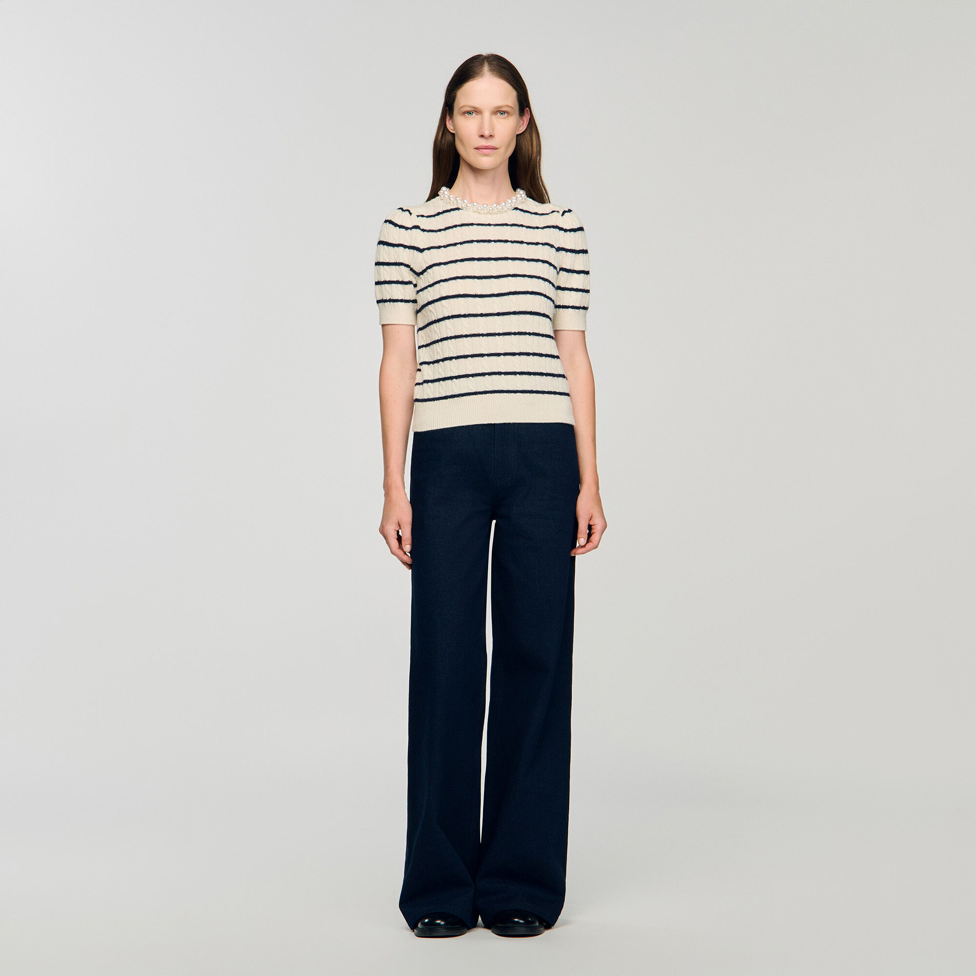 Striped jumper with pearl collar