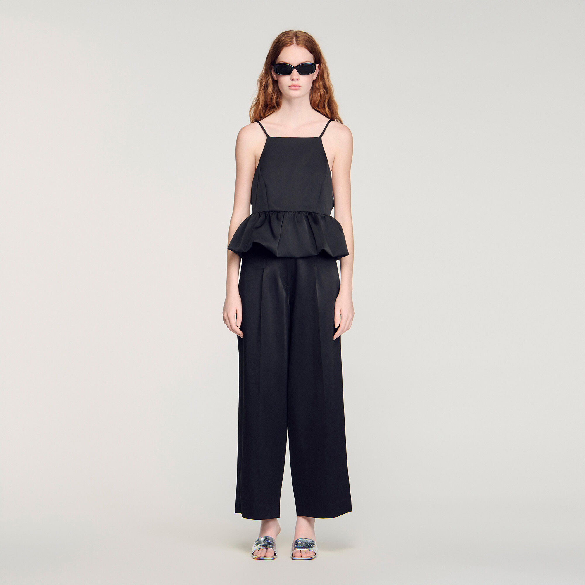 Ruffled crop top black / gray For Women | Sandro Paris