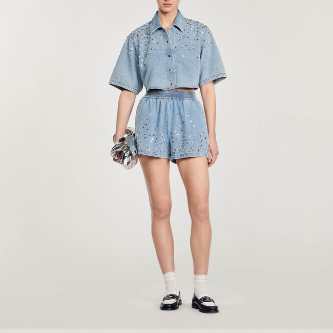 Wide-leg rhinestone denim shorts