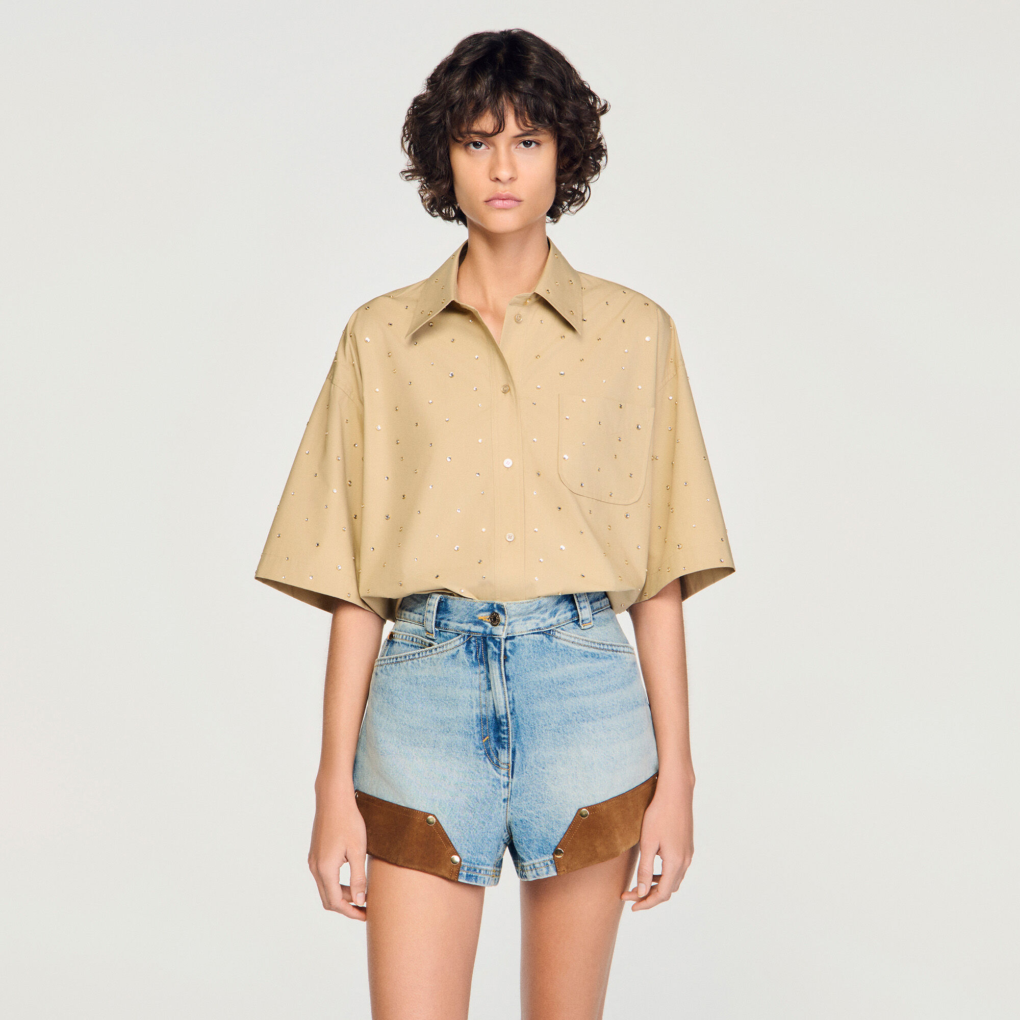 Cotton shirt with rhinestones