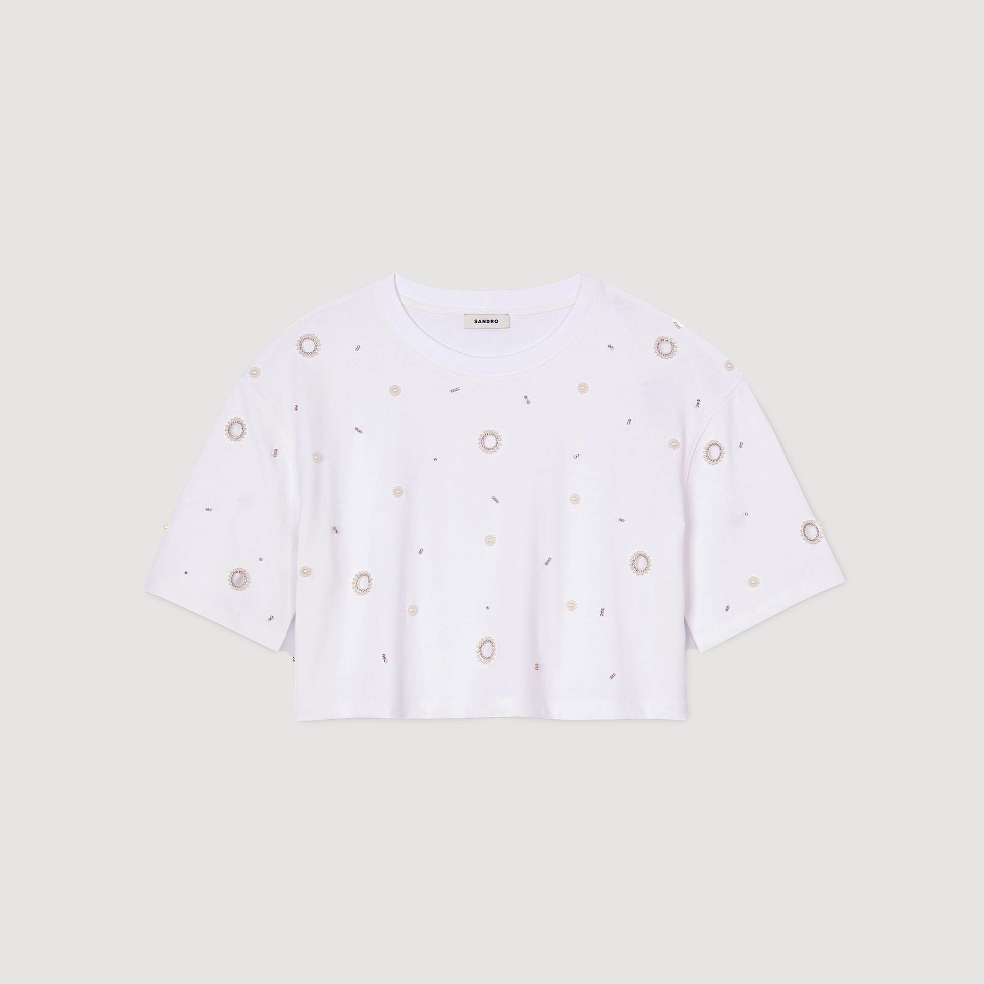 Cropped pearl bead T-shirt