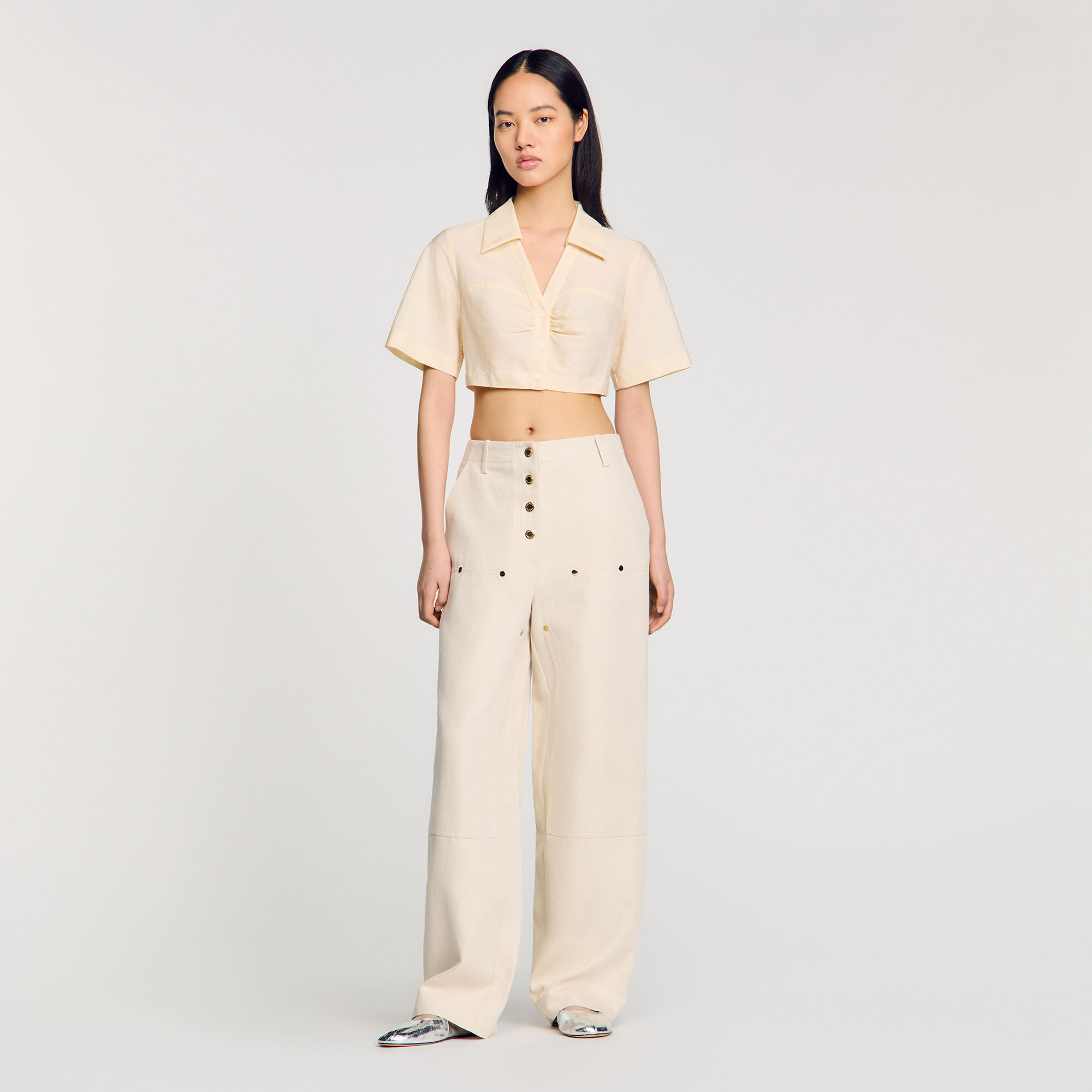 Tシャツ・カットソー PHILOSOPHY Women Tunic Tops 02122122 1003 Beige Cropped gathered shirt white / beige For Women | Sandro Paris