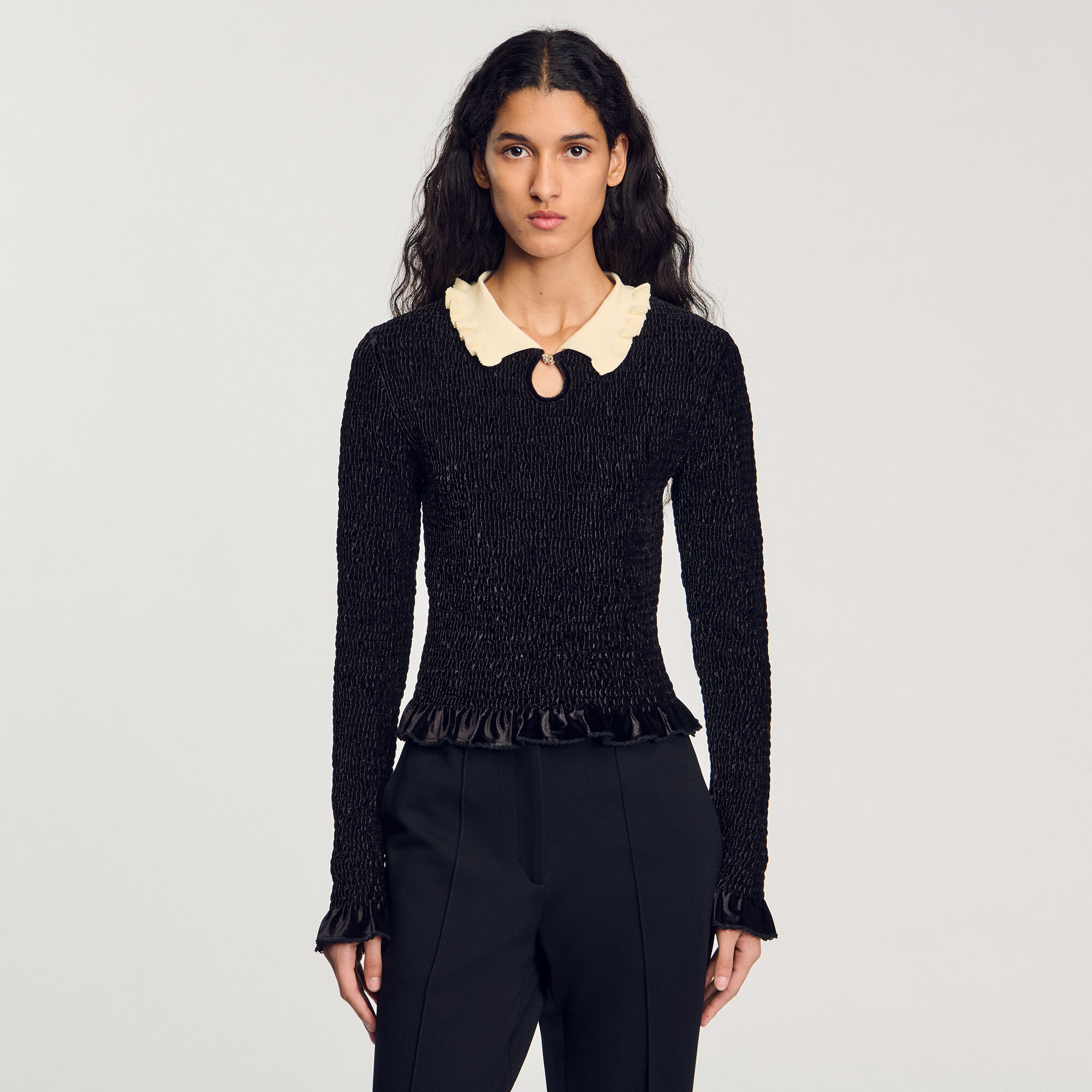 Smocked top with contrasting neck