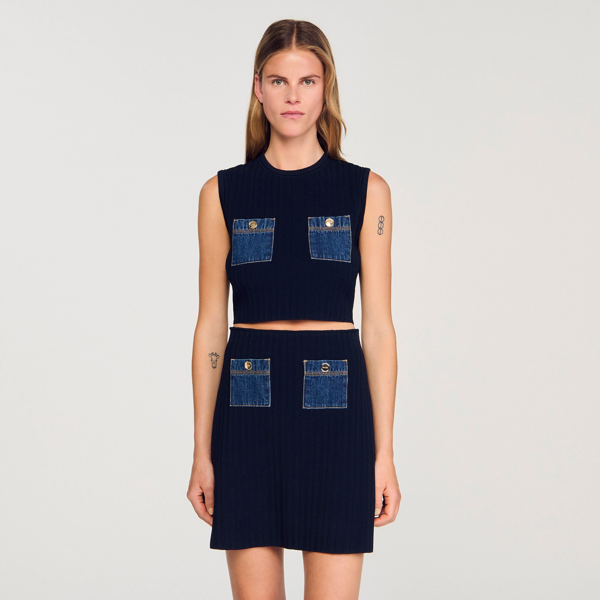Knit and denim top