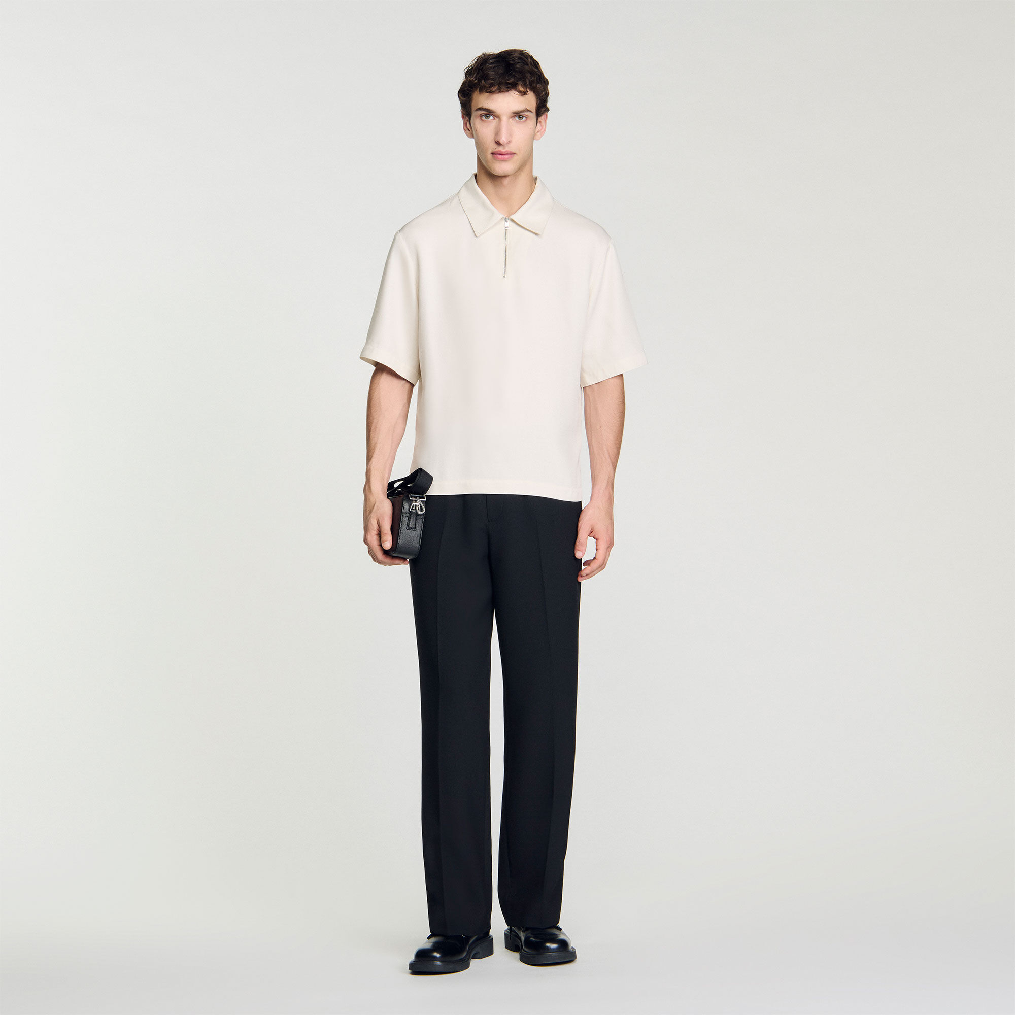 Loose fit shirt with zipped collar white beige for Men Sandro Paris
