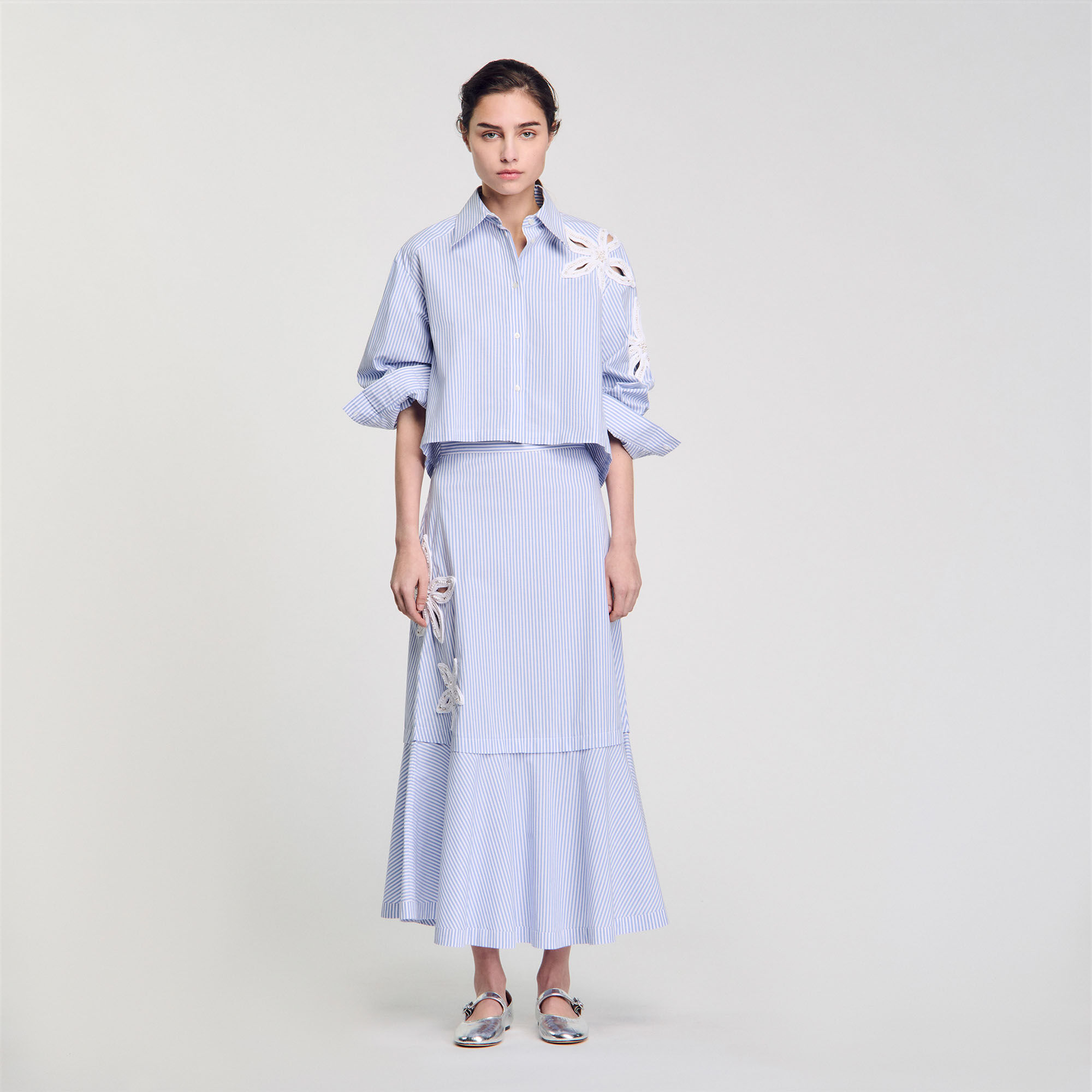 ストライプが上品! フランス発 Sandro Paris プリーツ スカート Long striped skirt blue For Women | Sandro Paris