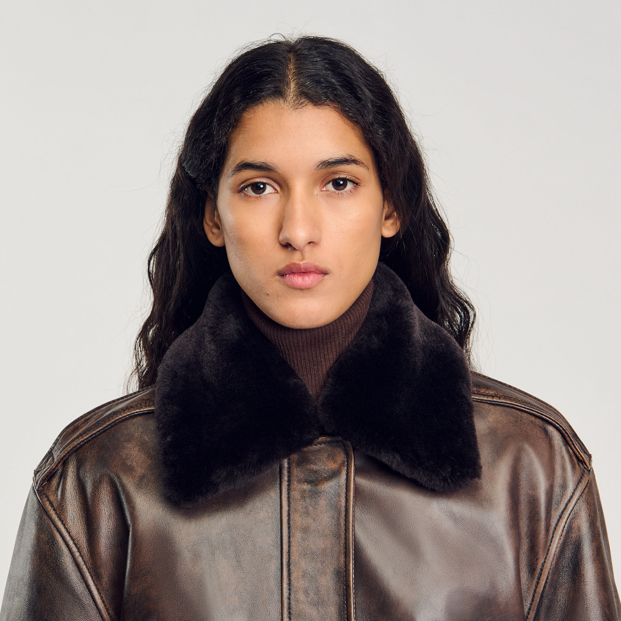 Distressed leather jacket brown For Women | Sandro Paris