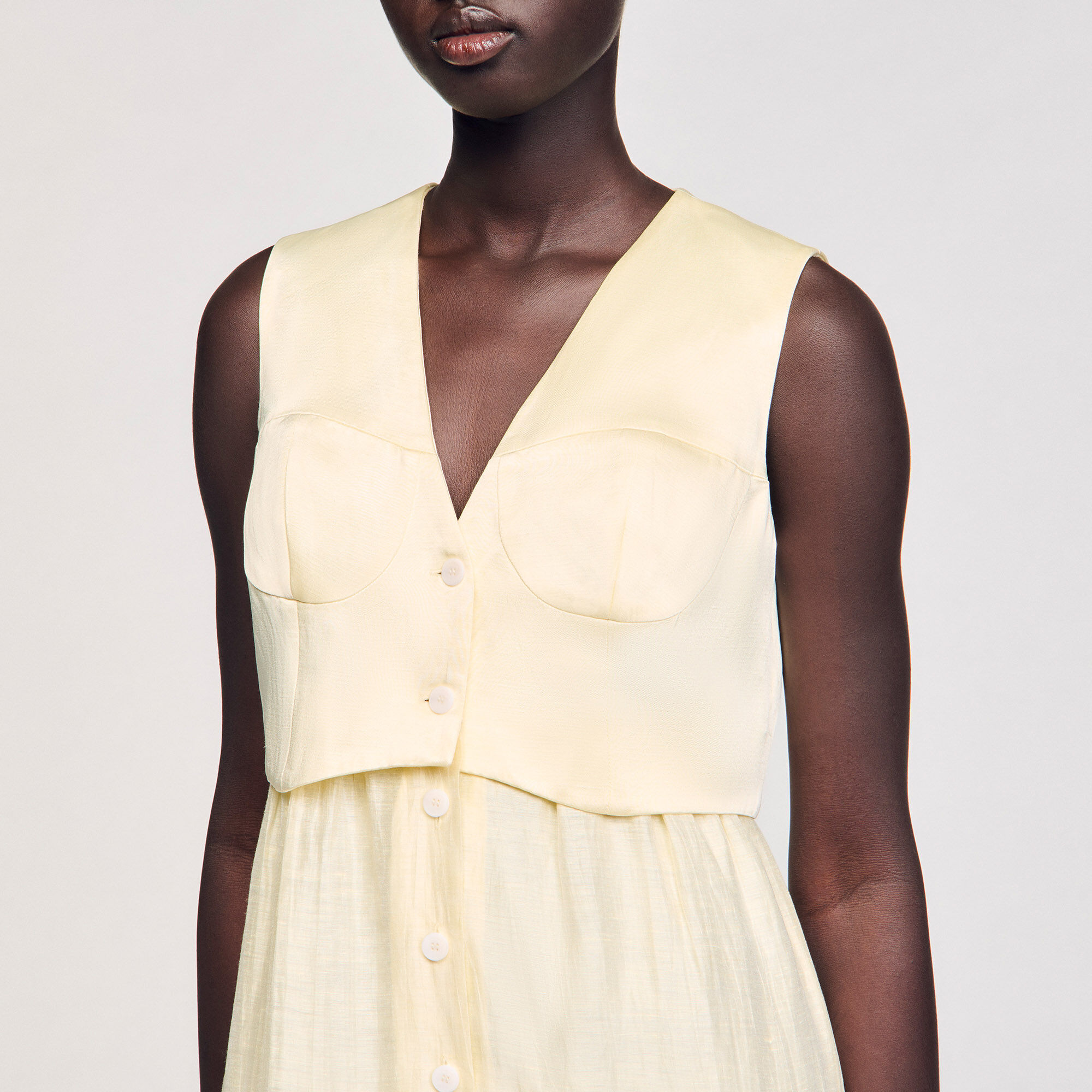 【海外限定】Sandroワンピース☆V-Neck Button-Down Linen Maxi Linen maxi dress yellow / orange For Women | Sandro Paris