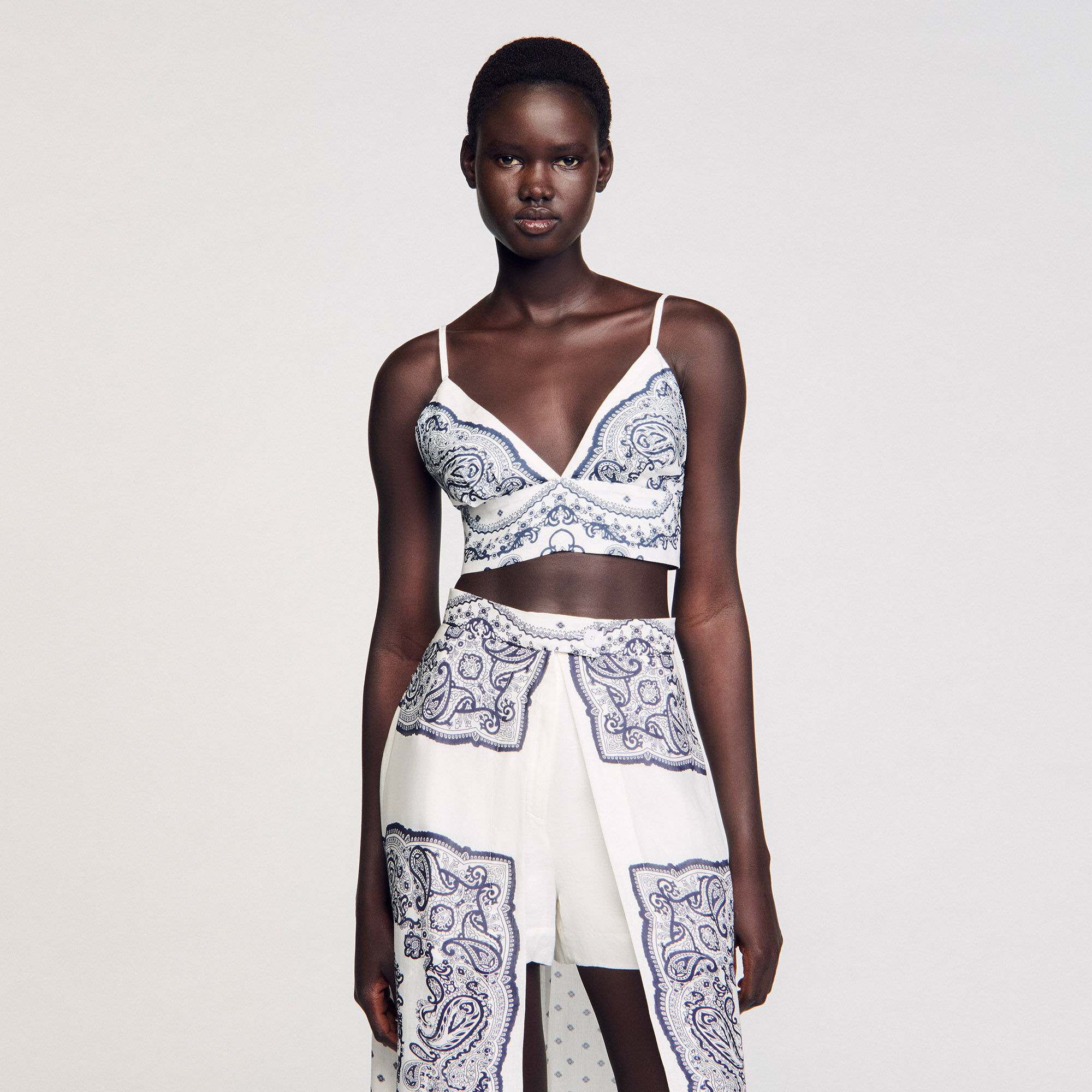 Bandana print crop top white / beige For Women | Sandro Paris