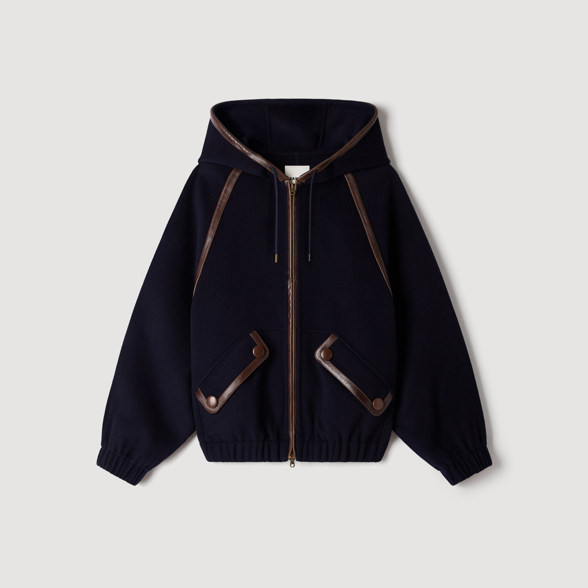 Hooded wool and leather coat