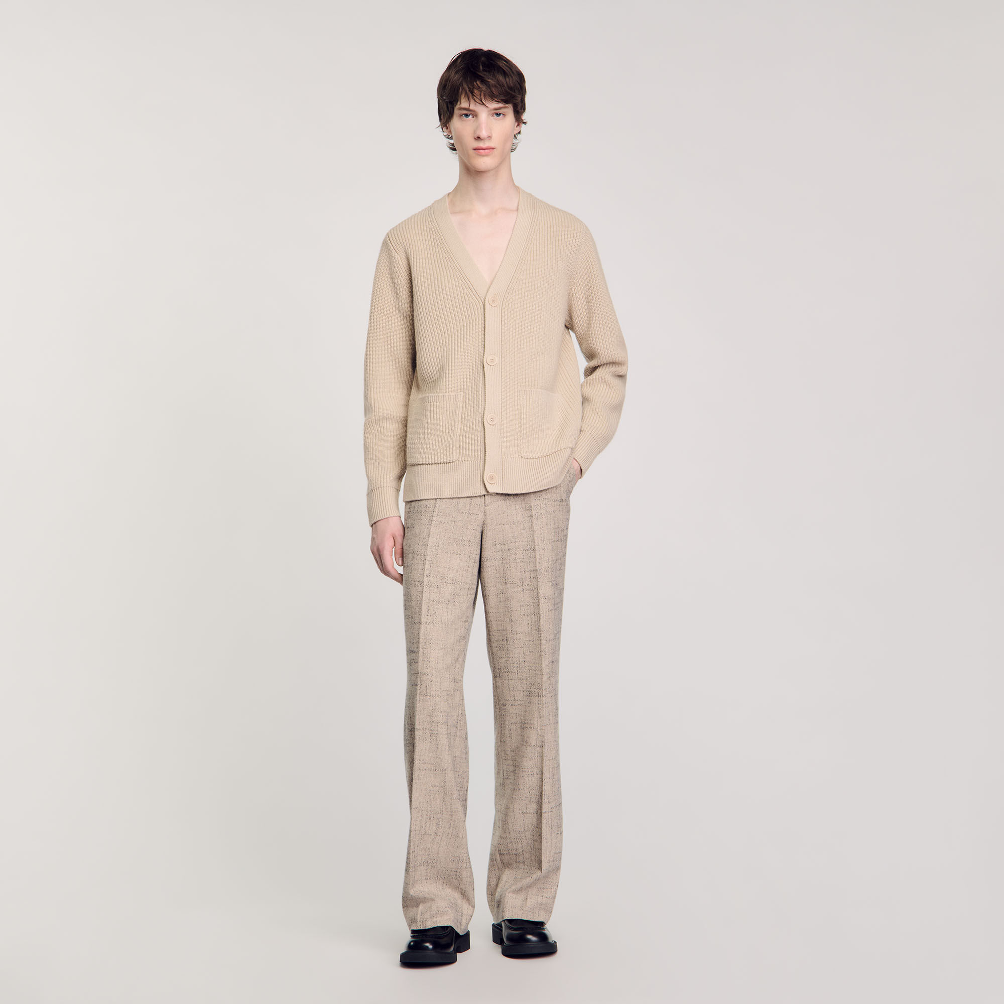 Rib knit cardigan white beige for Men Sandro Paris