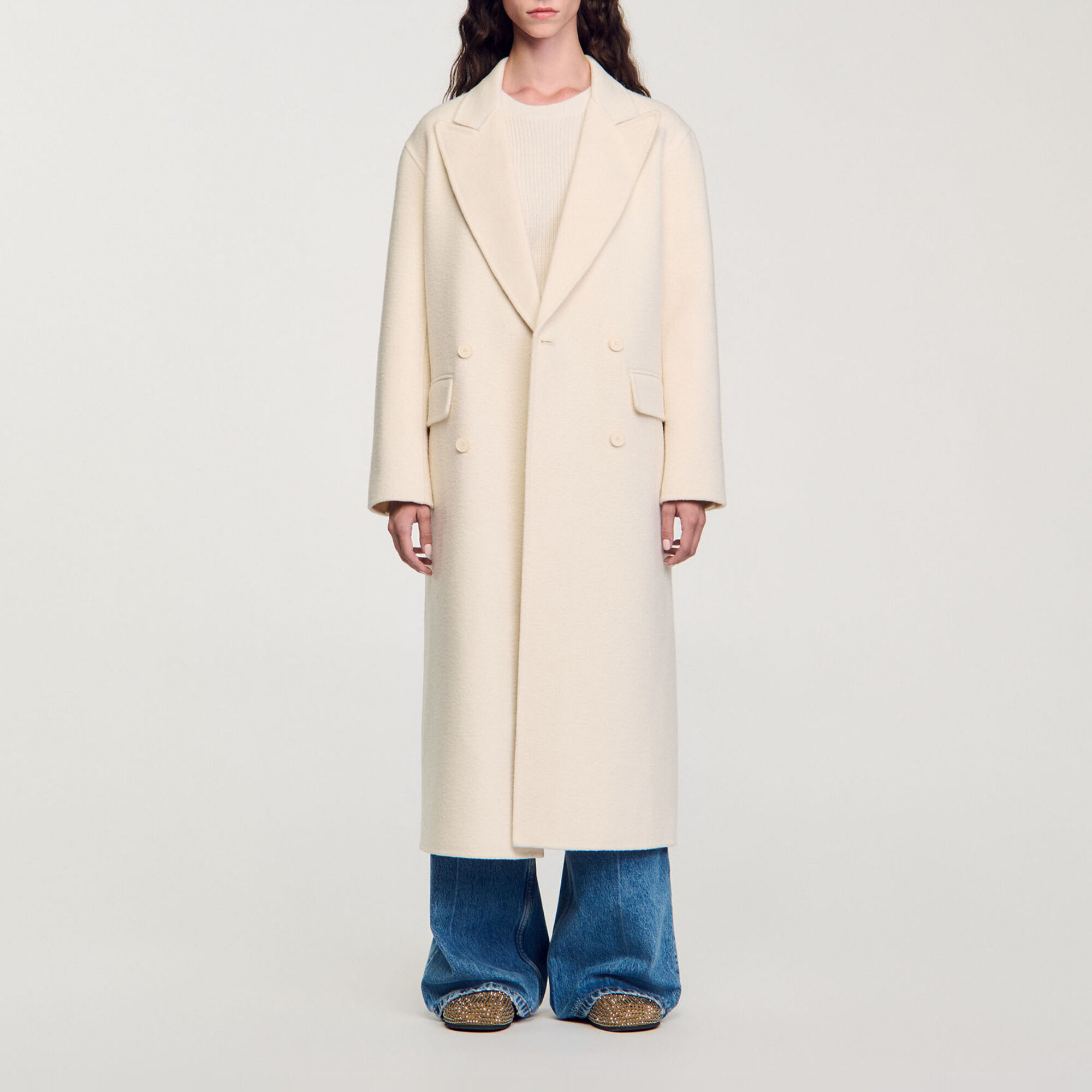 Long wool-blend coat white / beige For Women | Sandro Paris