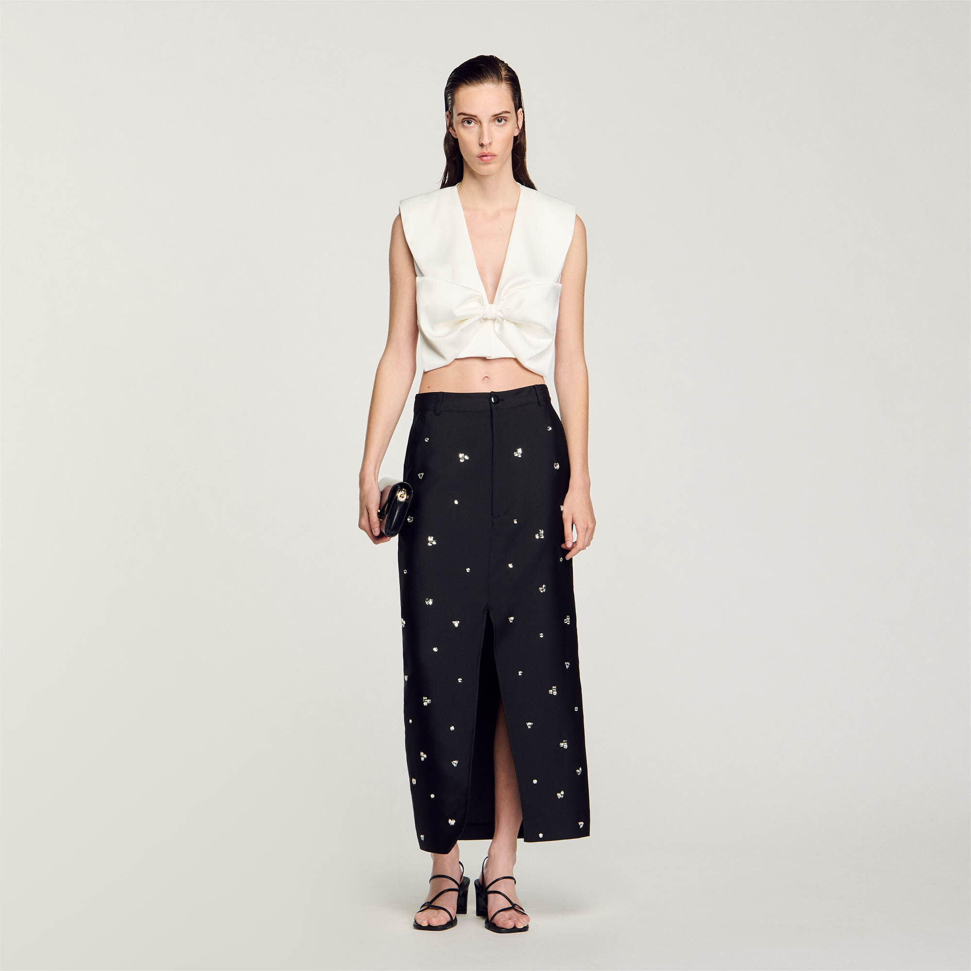 Satin-effect crop top white / beige For Women | Sandro Paris